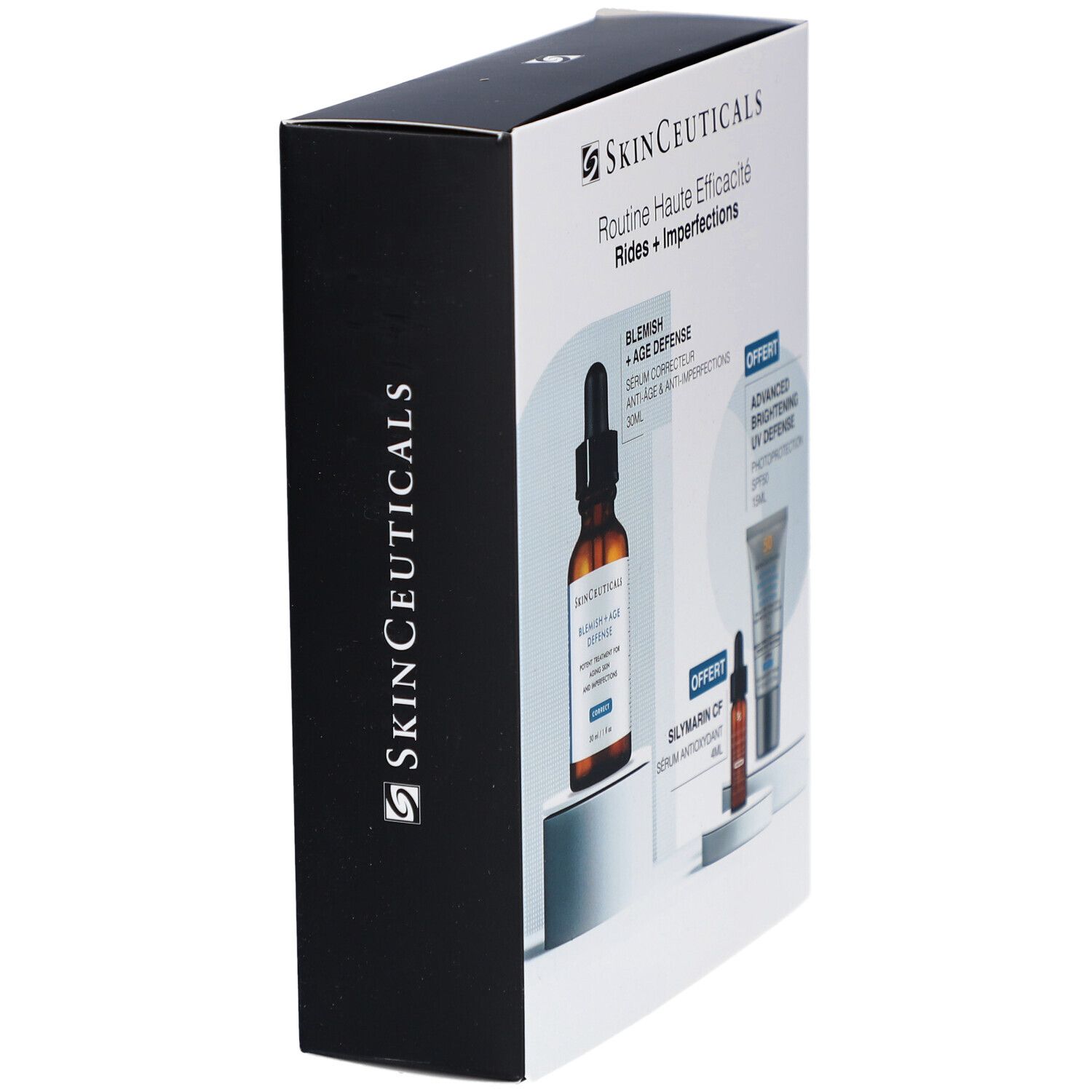 SkinCeuticals Coffret verpakking. Zwarte doos met productnaam en logo. Zijaanzicht.