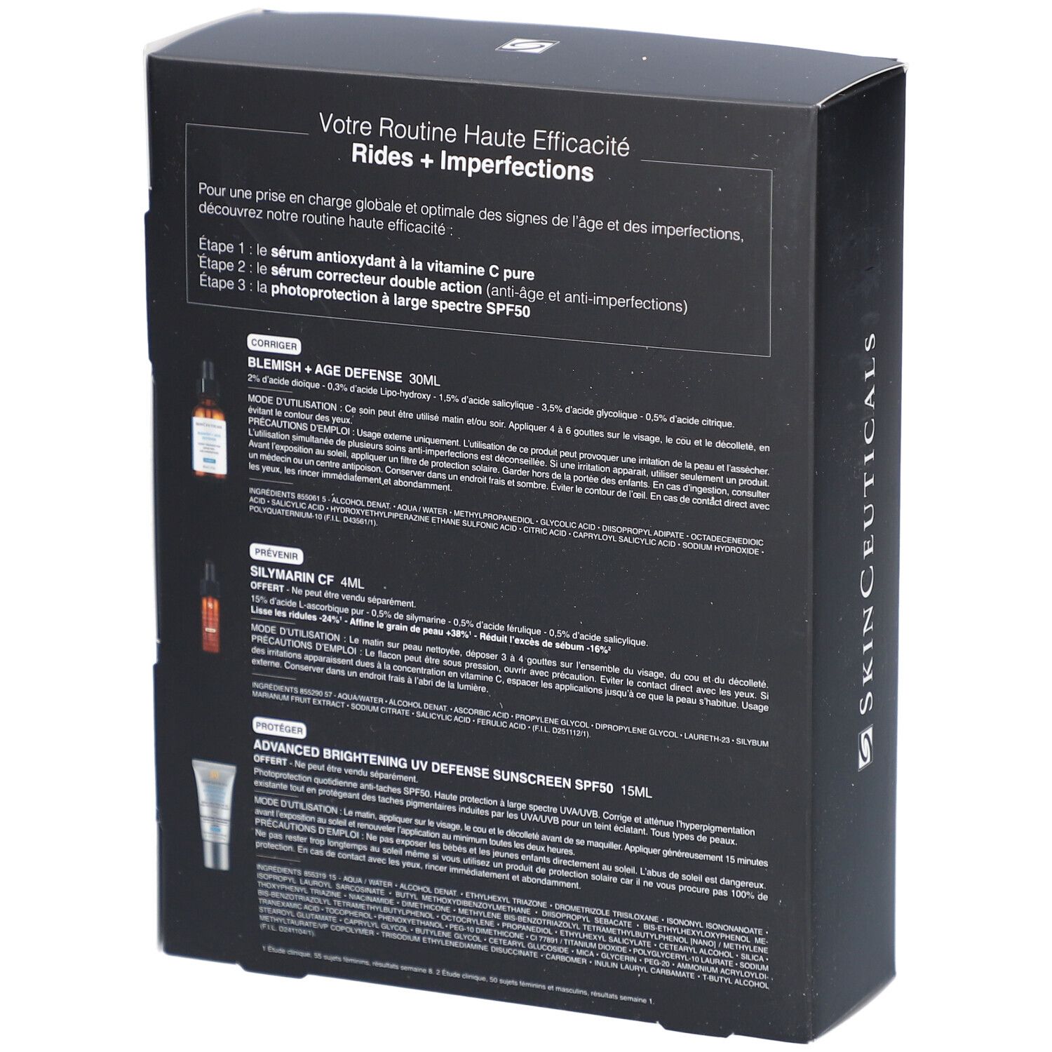 Achterkant van de SkinCeuticals Coffret verpakking. Franse tekst. Productinformatie en ingrediënten.