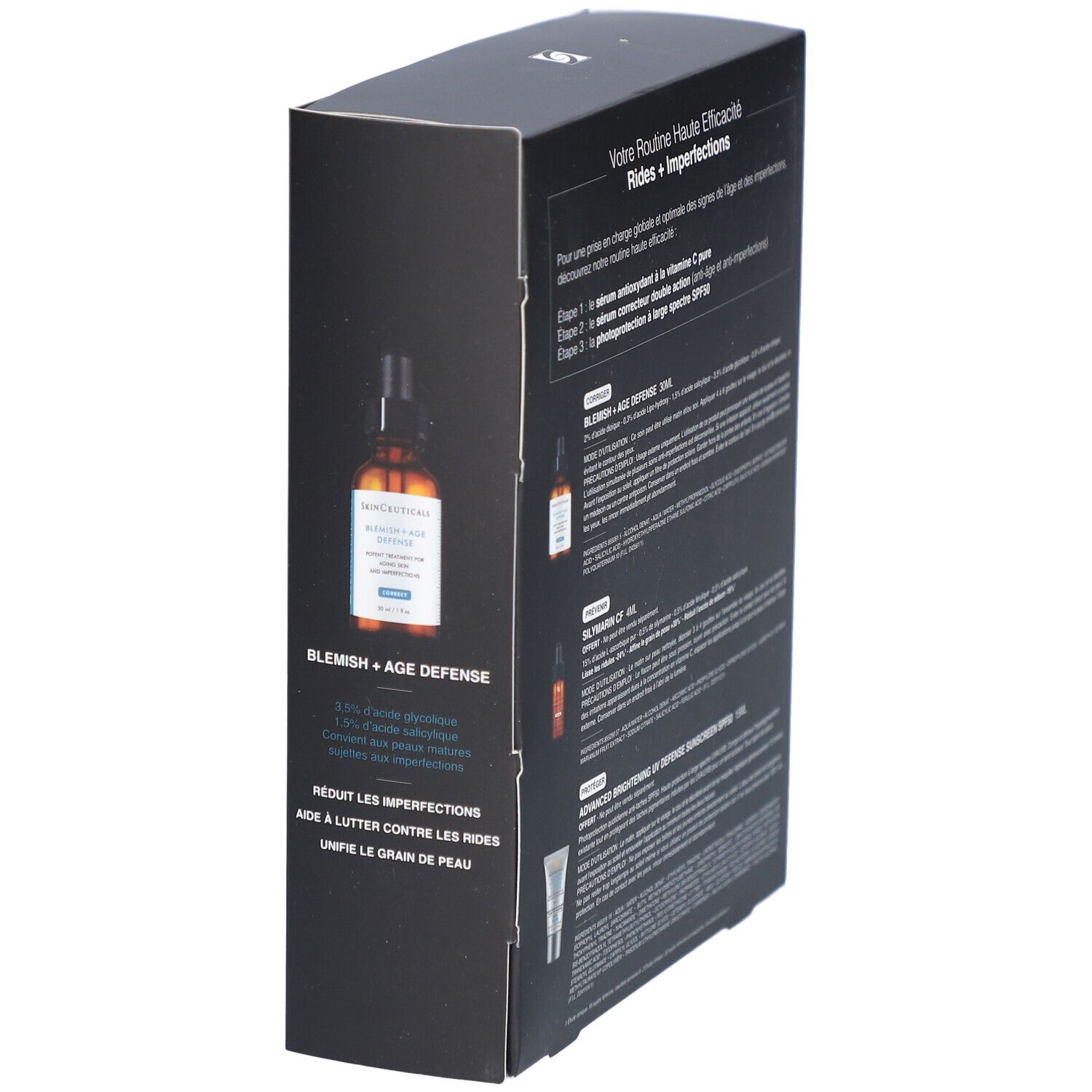 SkinCeuticals Coffret verpakking. Zijaanzicht met productafbeeldingen en tekst. Zwarte doos.