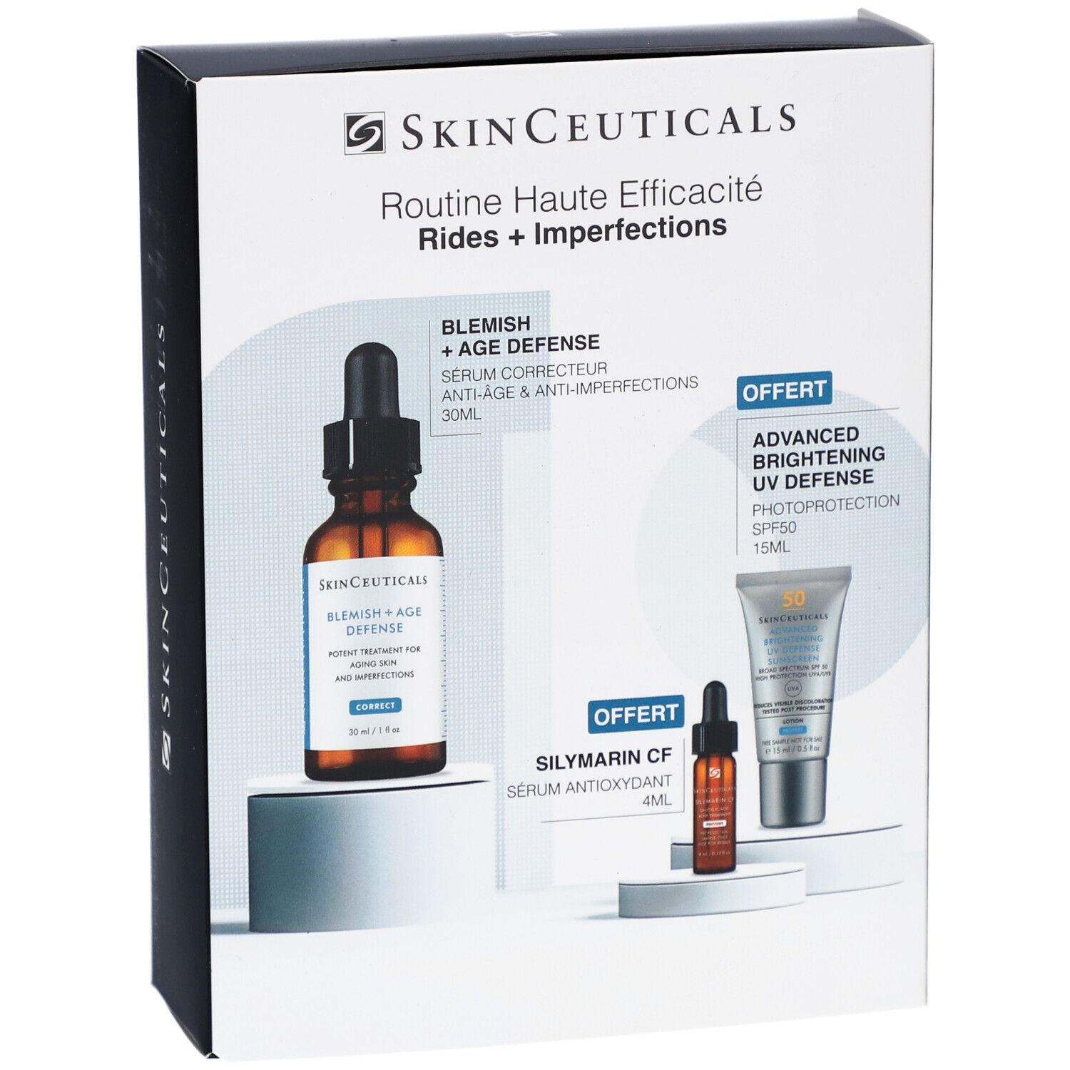 SkinCeuticals Coffret verpakking. Bevat serum en zonnebescherming. Doos met productafbeeldingen.