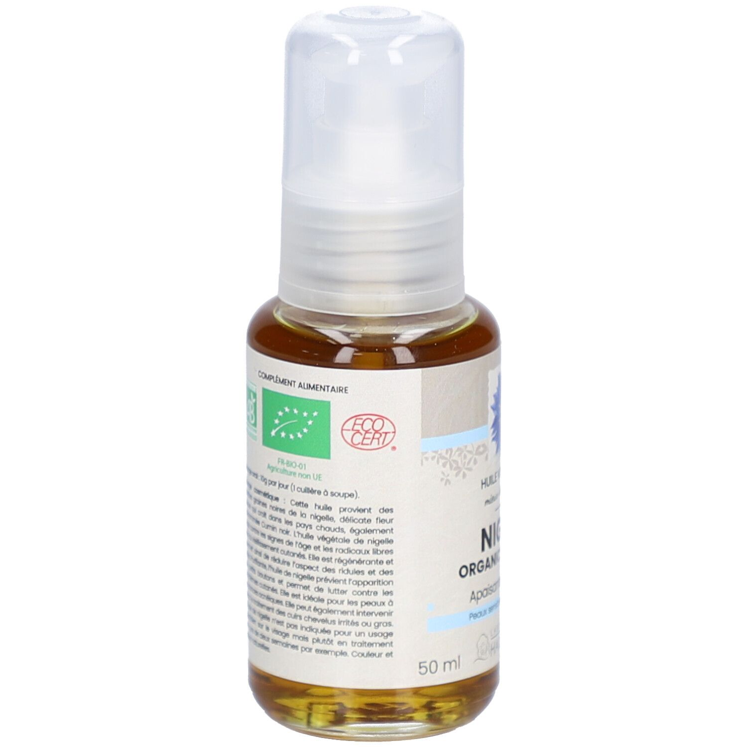 Rückseite einer Flasche mit brauner Flüssigkeit. Text: ECO CERT, ergänzende Informationen. Label: Laboratoire du Haut-Ségala.
