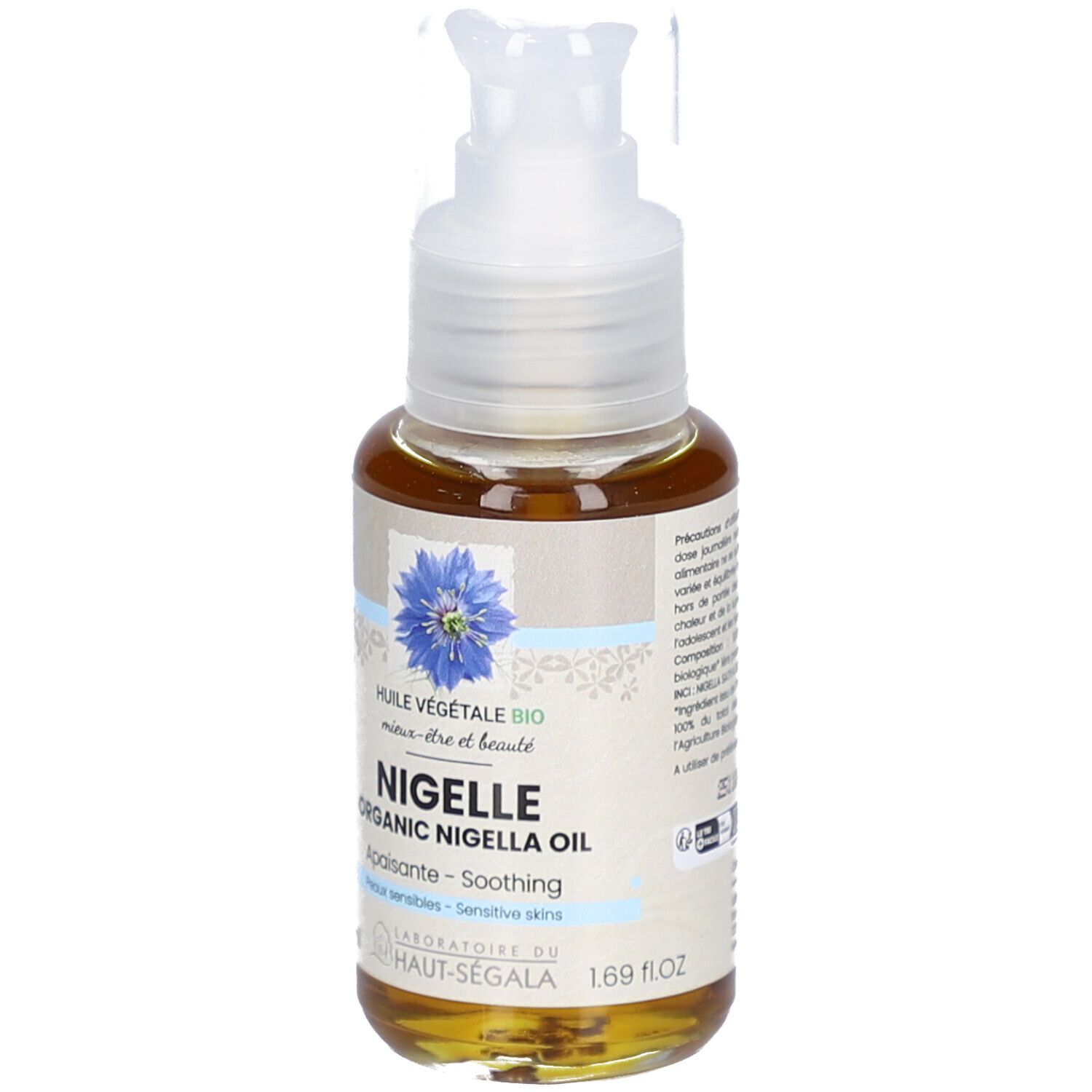 Flasche mit brauner Flüssigkeit und Pumpverschluss. Aufschrift: Nigelle Organic Nigella Oil. Label: Laboratoire du Haut-Ségala.