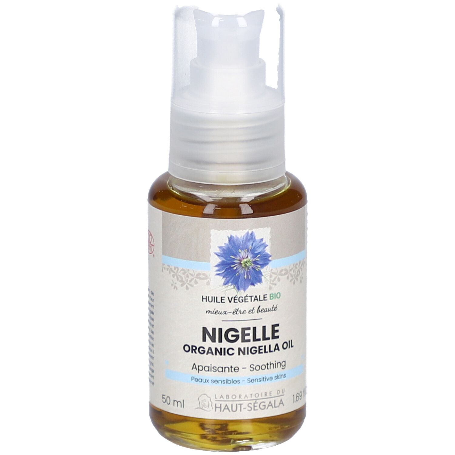 Flasche mit brauner Flüssigkeit und Pumpverschluss. Aufschrift: Nigelle Organic Nigella Oil. Label: Laboratoire du Haut-Ségala.