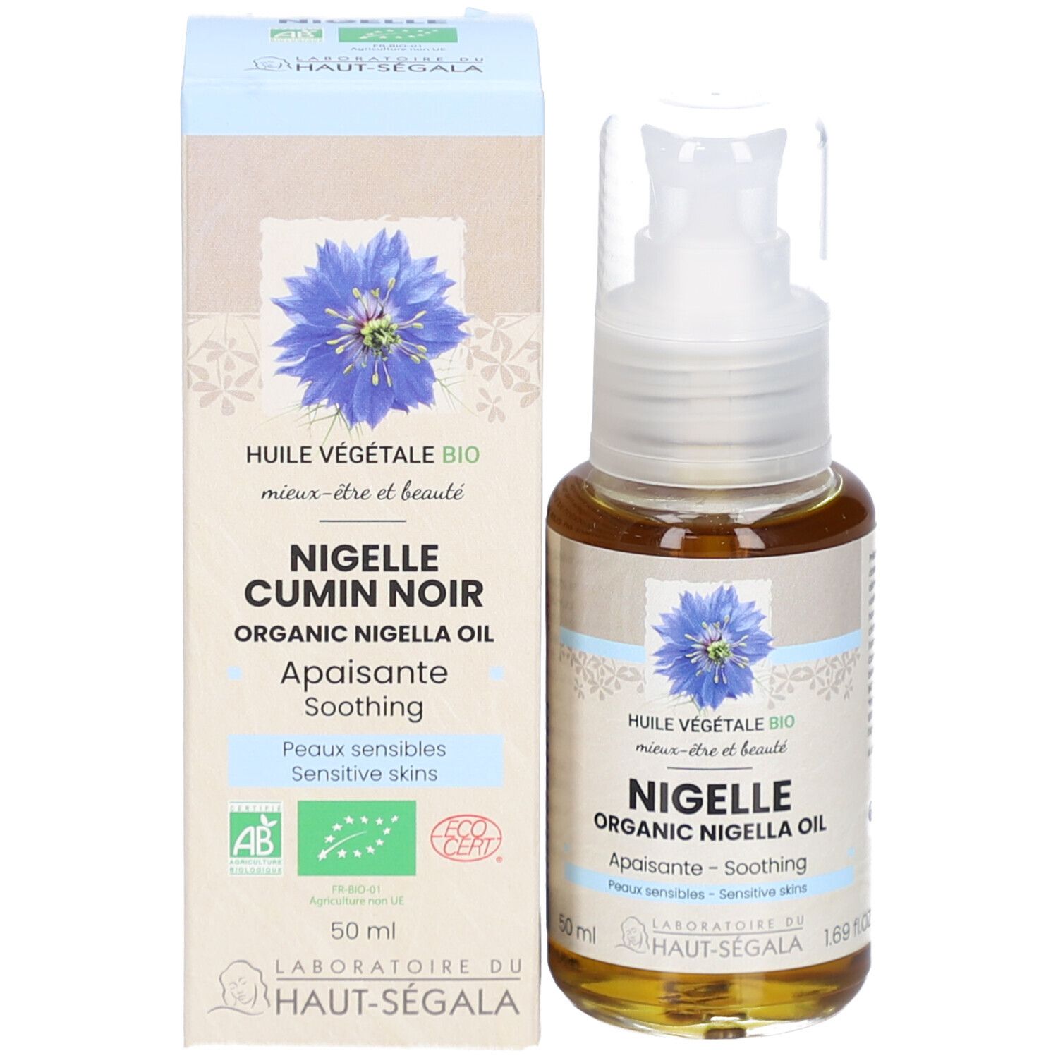 Flasche und Schachtel. Aufschrift: Nigelle Cumin Noir Organic Nigella Oil. Label: Laboratoire du Haut-Ségala. Zertifizierungen.