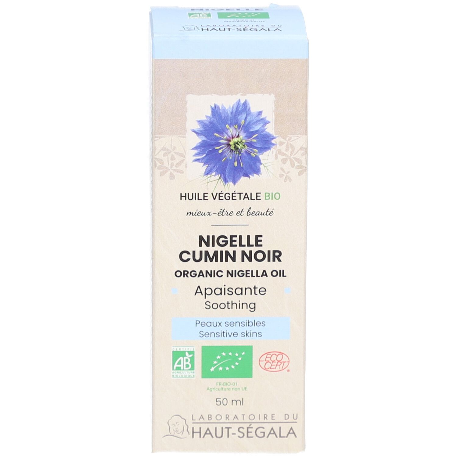 Schachtel. Aufschrift: Nigelle Cumin Noir Organic Nigella Oil. Label: Laboratoire du Haut-Ségala. Zertifizierungen.