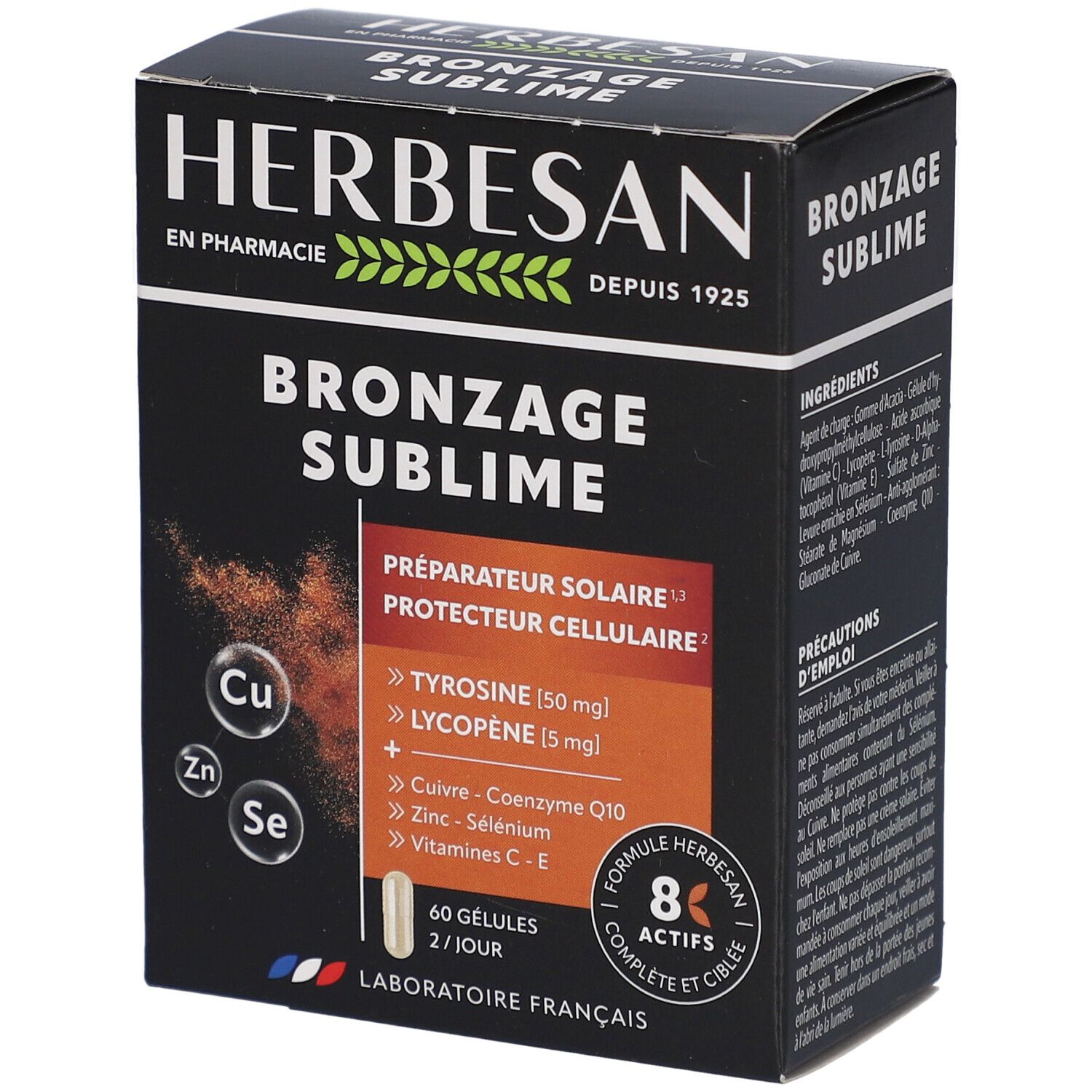 Boîte Herbesan Bronzage Sublime. 60 gélules. Préparateur solaire & antioxydant. Contient tyrosine et lycopène. Laboratoire Français.