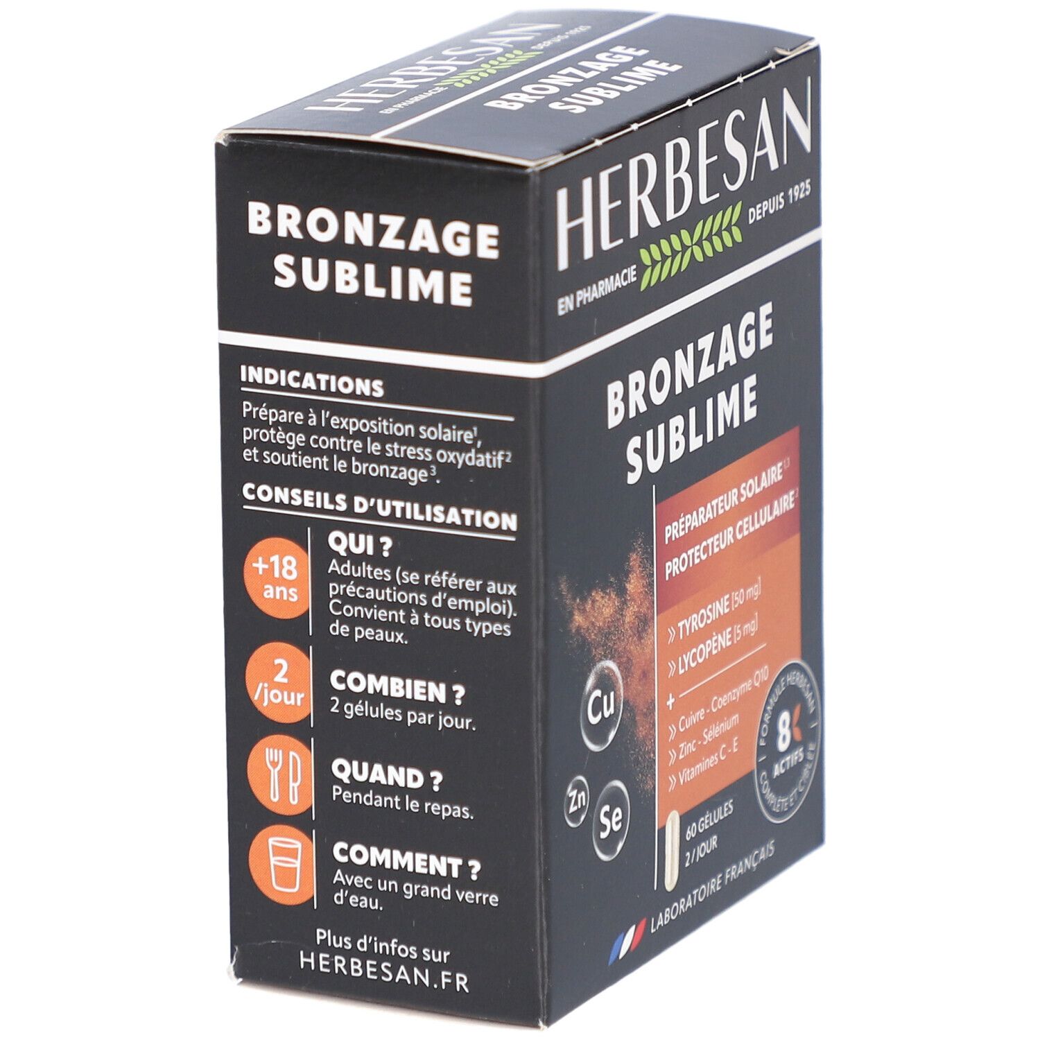 Boîte Herbesan Bronzage Sublime. 60 gélules. Indications et conseils d'utilisation. Emballage noir.