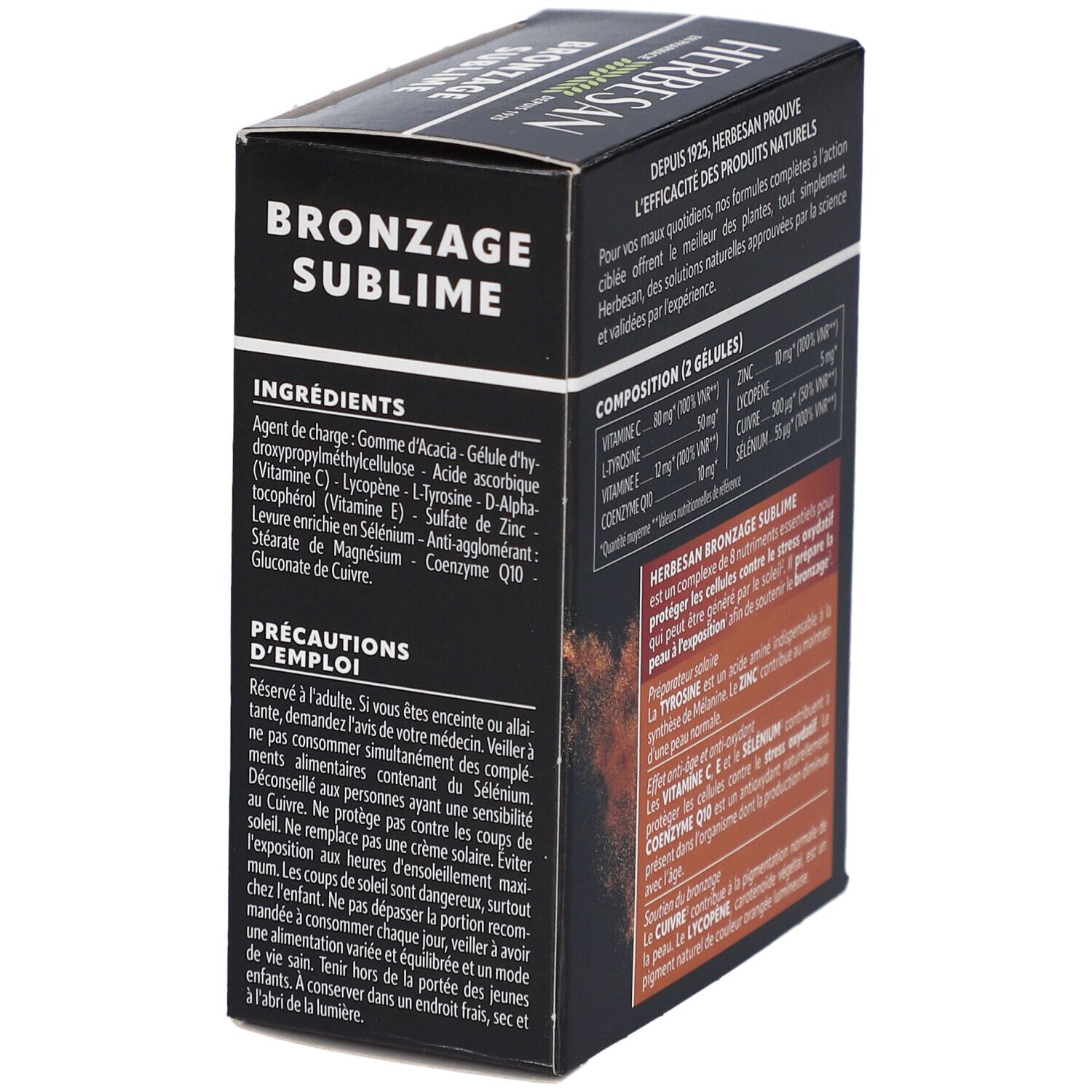 Boîte Herbesan Bronzage Sublime. Ingrédients et précautions d'emploi. Emballage noir.