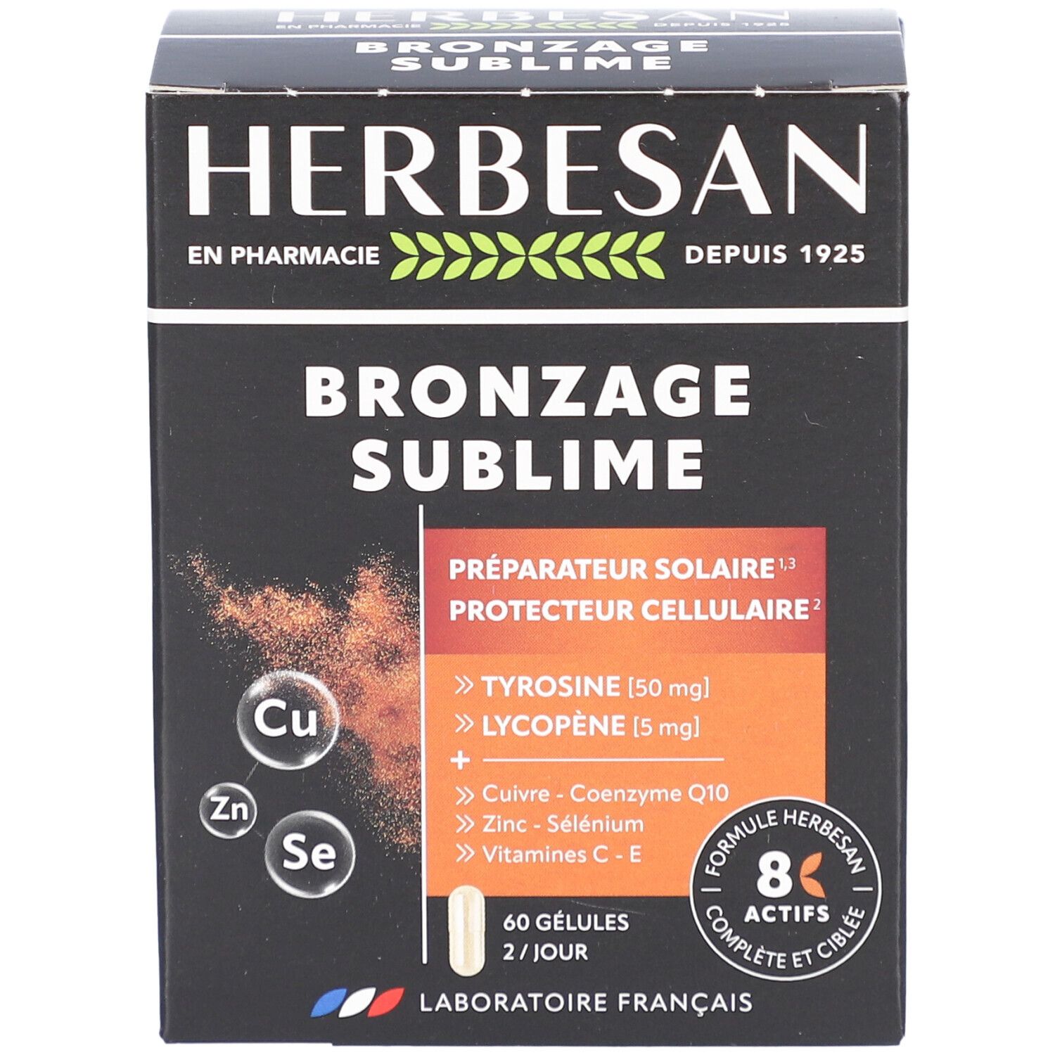 Boîte Herbesan Bronzage Sublime. 60 gélules. Préparateur solaire & antioxydant. Contient tyrosine et lycopène. Laboratoire Français.