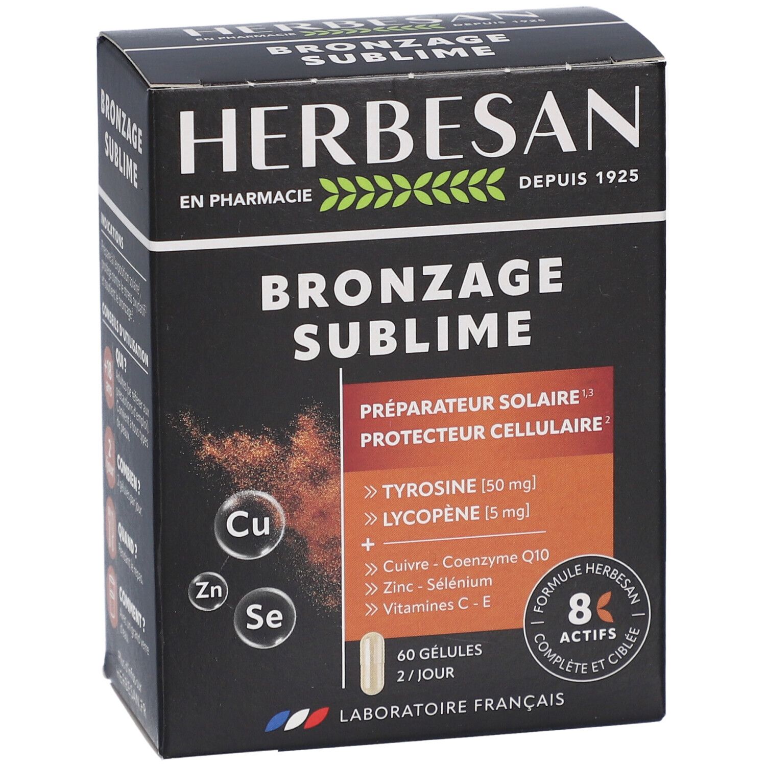 Boîte Herbesan Bronzage Sublime. 60 gélules. Préparateur solaire & antioxydant. Contient tyrosine et lycopène. Emballage noir.