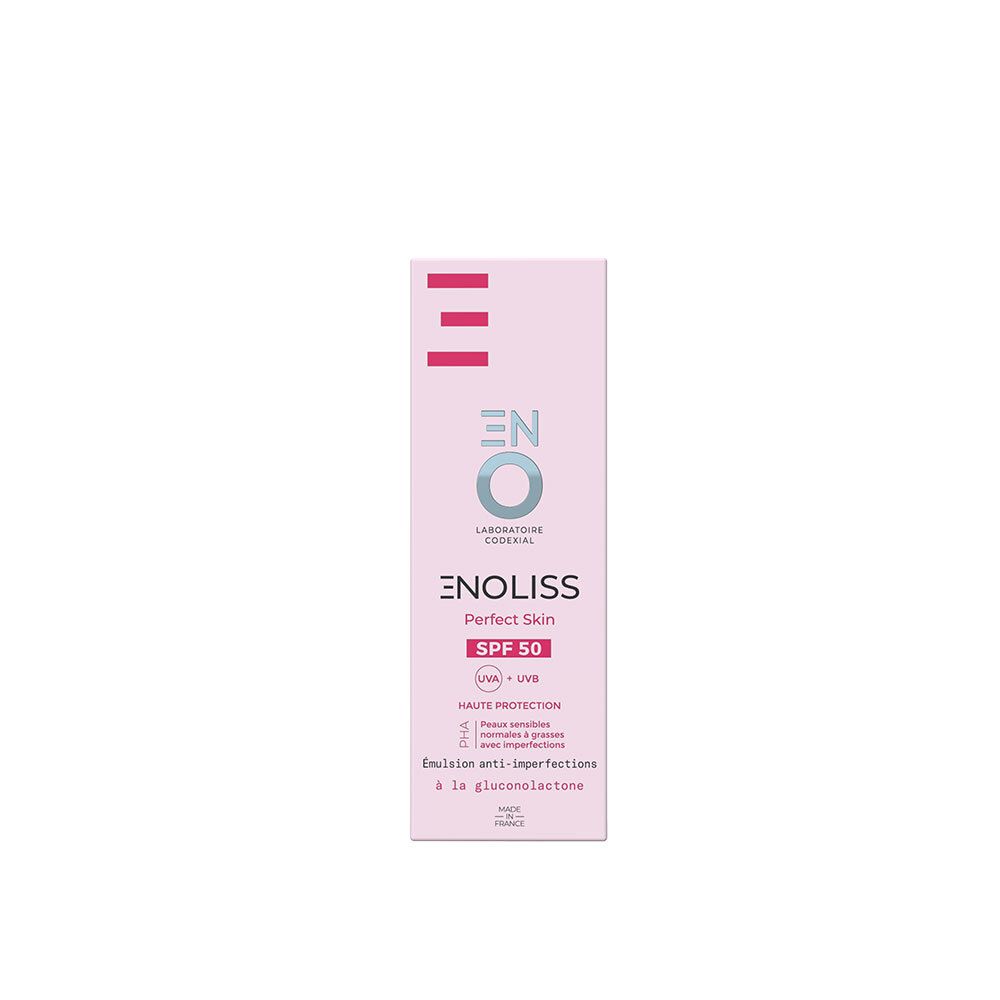 Emballage rose ENOLISS Perfect Skin SPF50. Texte et logo. Protection solaire élevée.