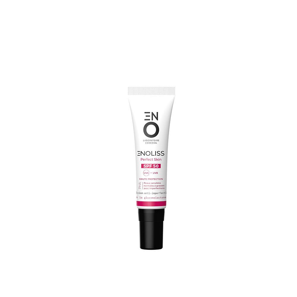 Tube blanc ENOLISS Perfect Skin SPF50. Bouchon noir. Texte et logo.
