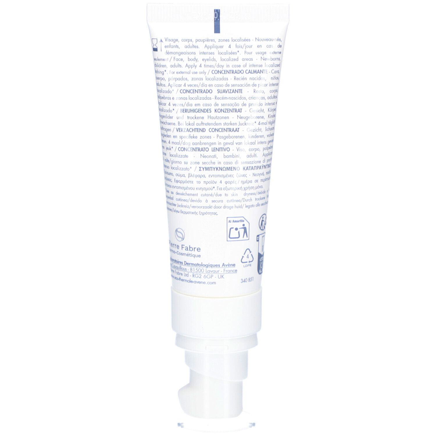 Dos du tube blanc avec texte multilingue. Contient des informations sur le produit.
