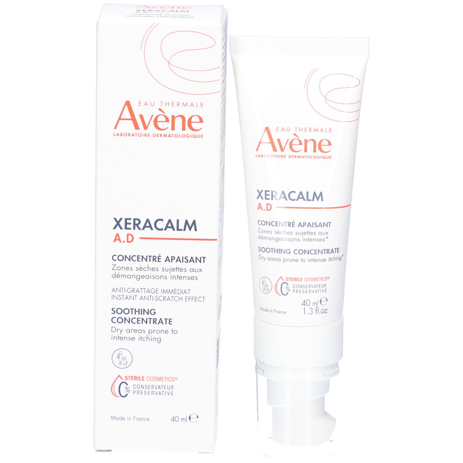 Emballage produit avec tube et boîte. AVENE XERACALM A.D. Concentré. 40 ml. Boîte avec informations.