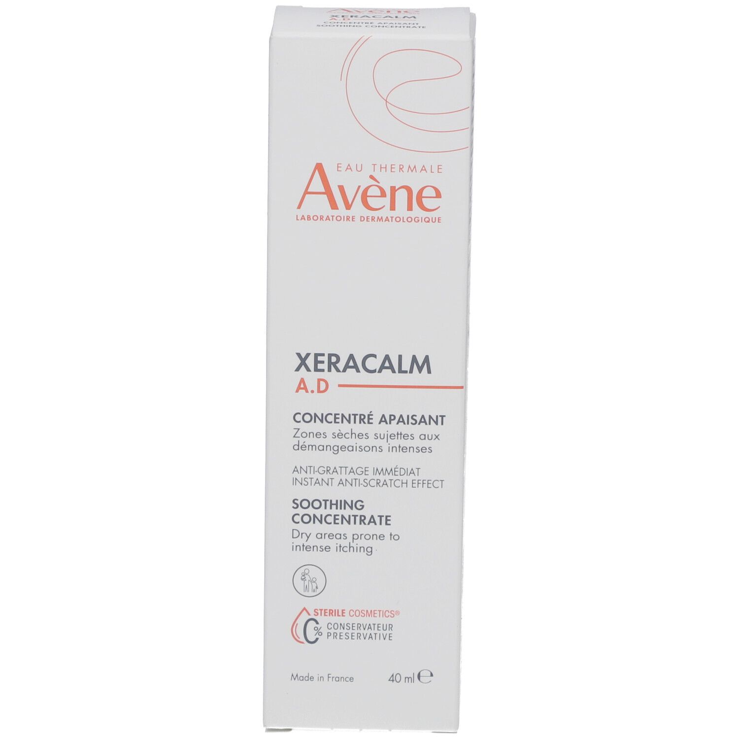 Emballage carton avec logo AVENE et nom du produit XERACALM A.D. Concentré. 40 ml.
