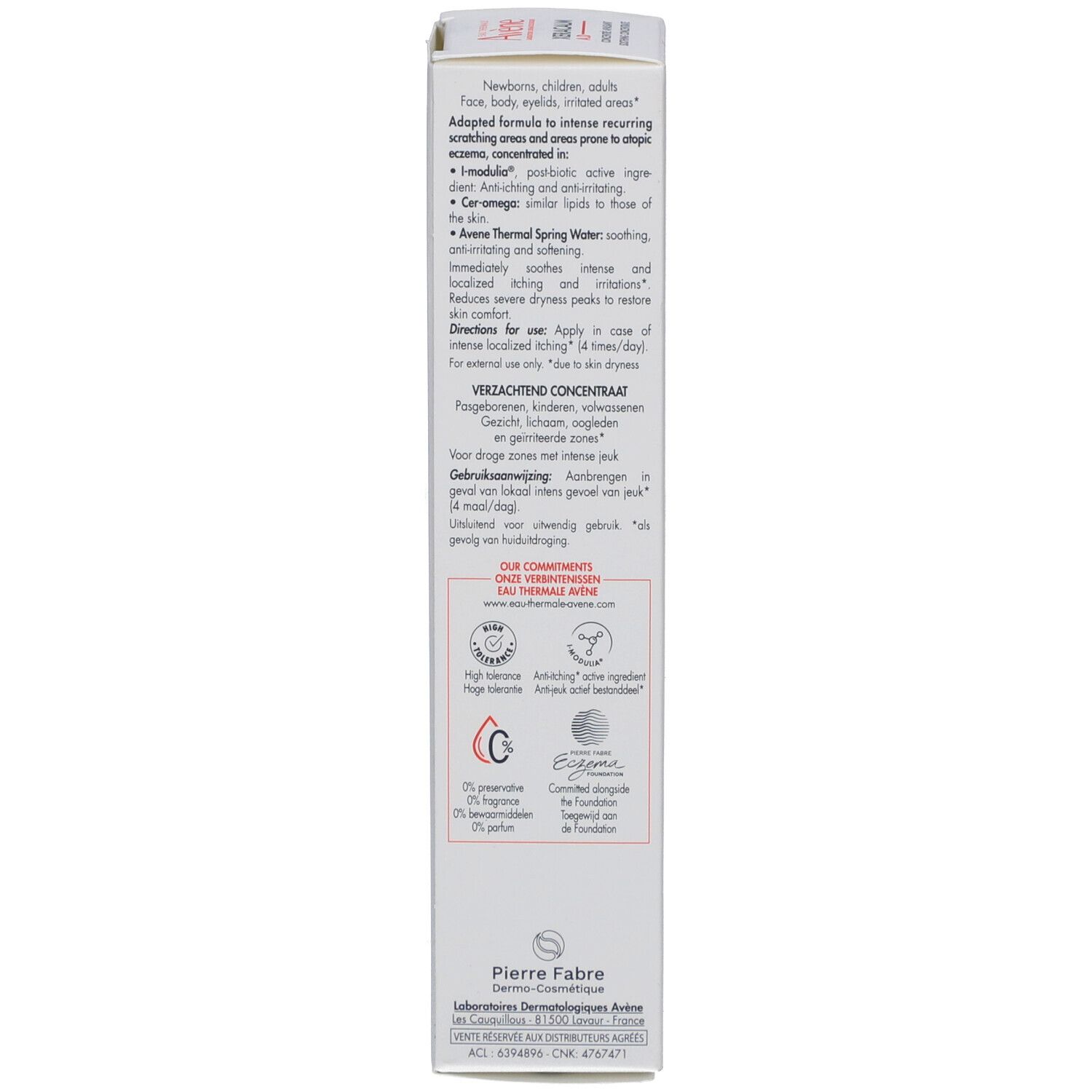 Emballage carton étroit avec informations et logos. Contient des informations sur l'utilisation.