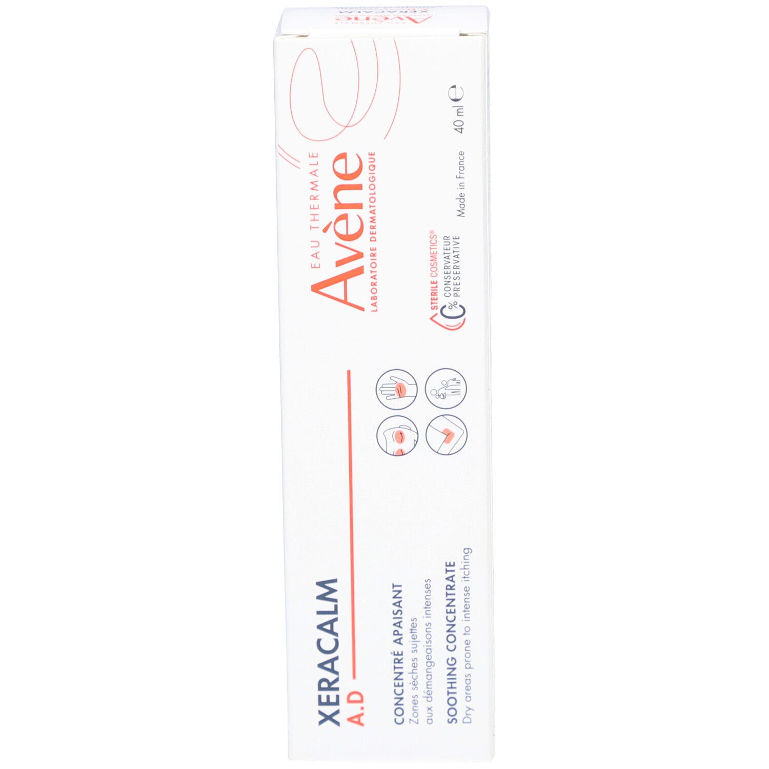 Emballage carton avec logo AVENE et nom du produit XERACALM A.D. Concentré. 40 ml.