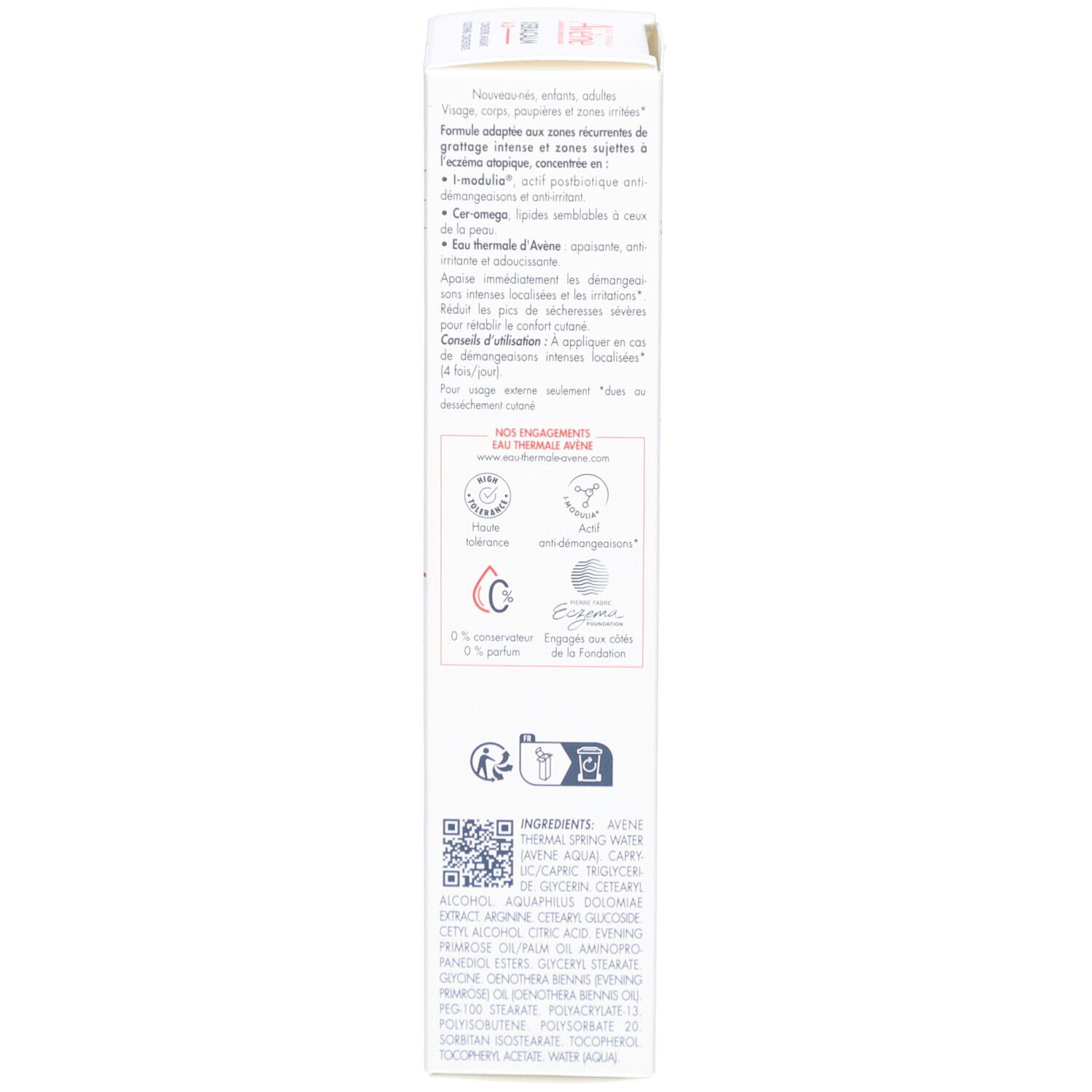 Dos de l'emballage carton avec informations, ingrédients et logos.