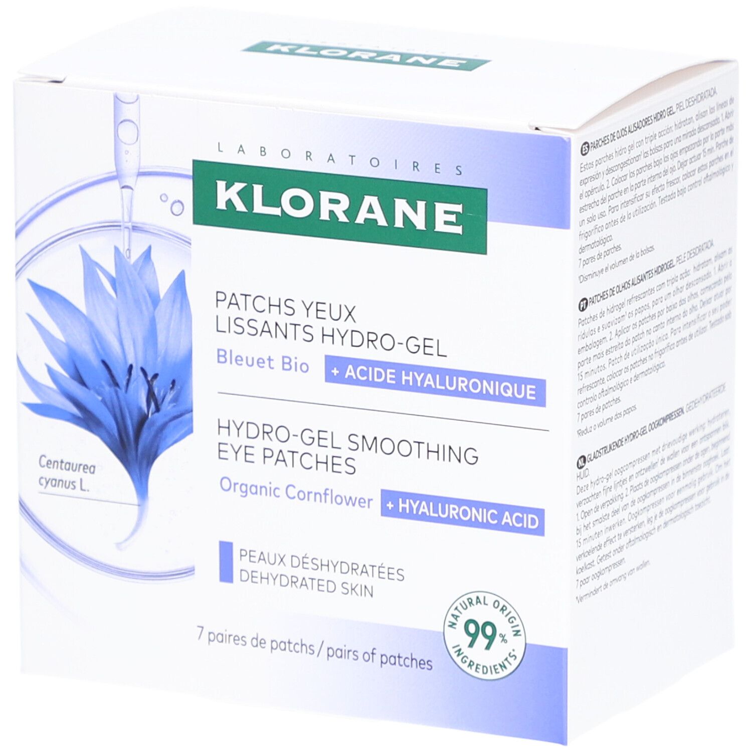 Boîte de patches pour les yeux. Inscription: Klorane, Hydro-Gel Smoothing Eye Patches, Bleuet Bio, Acide Hyaluronique. 7 paires.
