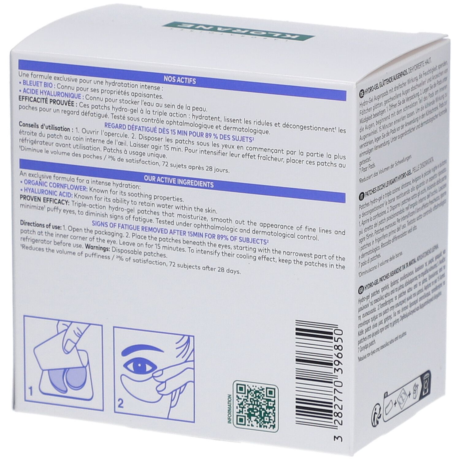 Dos de l'emballage des patches pour les yeux. Texte et illustrations. Code QR et 3282770396850. 99% ingrédients naturels.