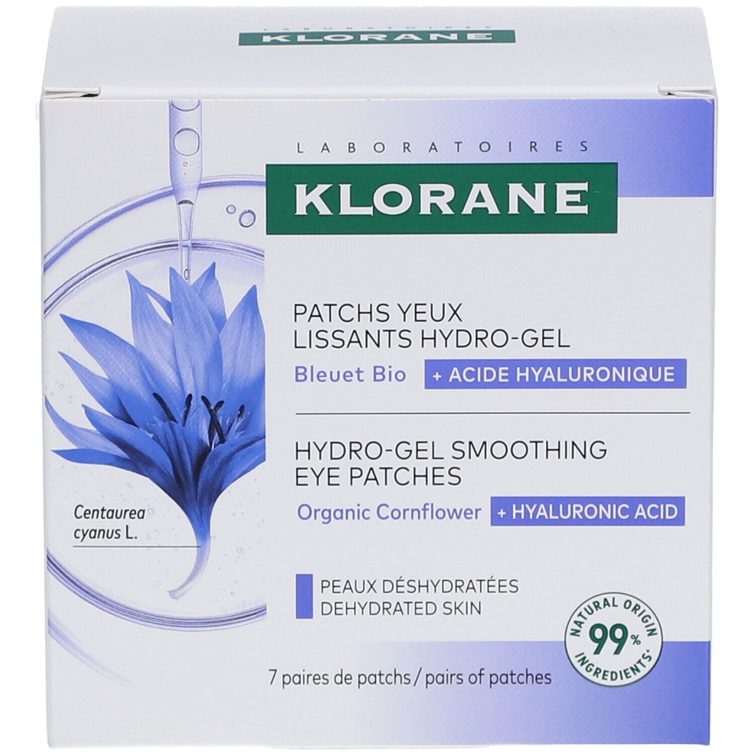Boîte de patches pour les yeux. Inscription: Klorane, Hydro-Gel Smoothing Eye Patches, Bleuet Bio, Acide Hyaluronique. 7 paires.