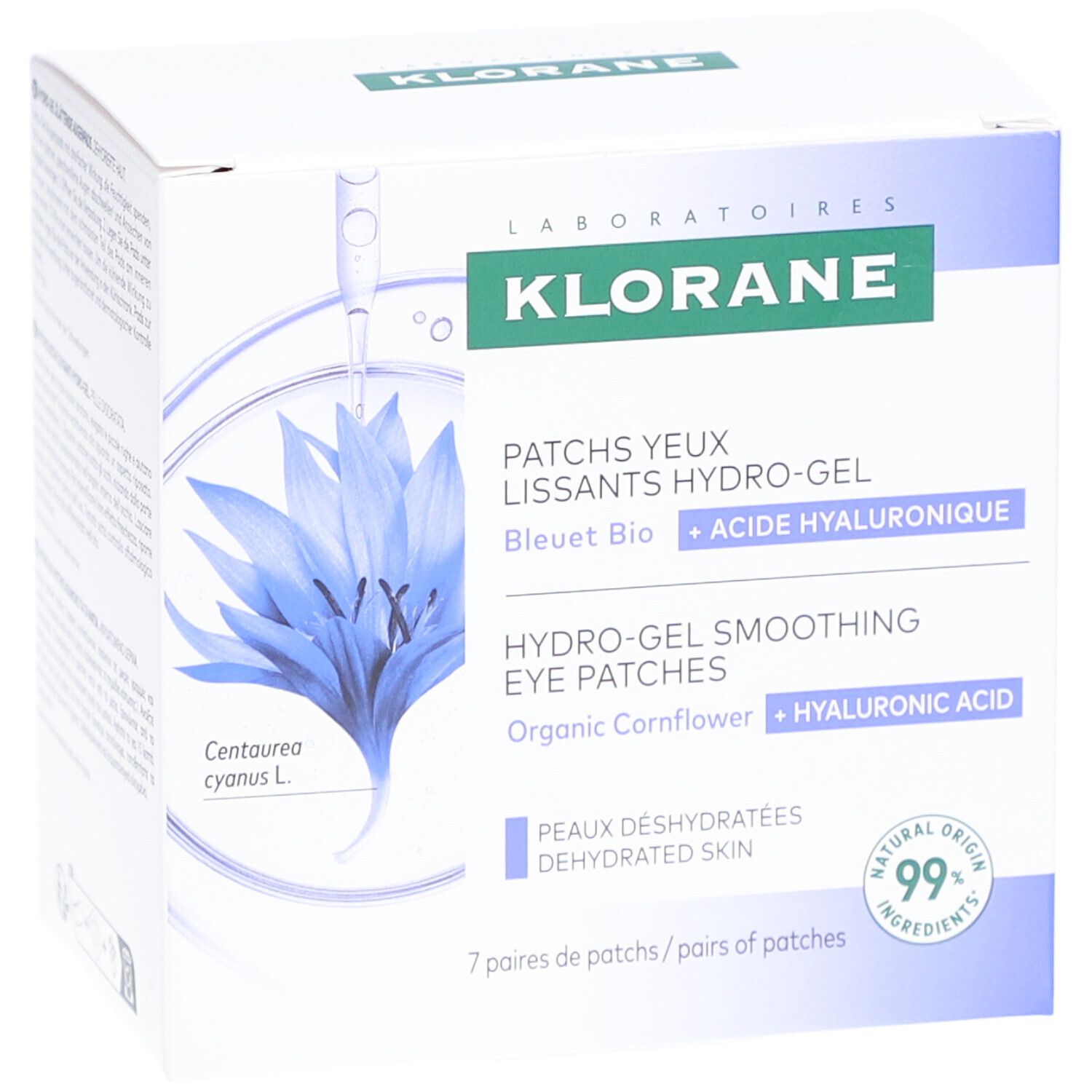 Boîte de patches pour les yeux. Inscription: Klorane, Hydro-Gel Smoothing Eye Patches, Bleuet Bio, Acide Hyaluronique. 7 paires.
