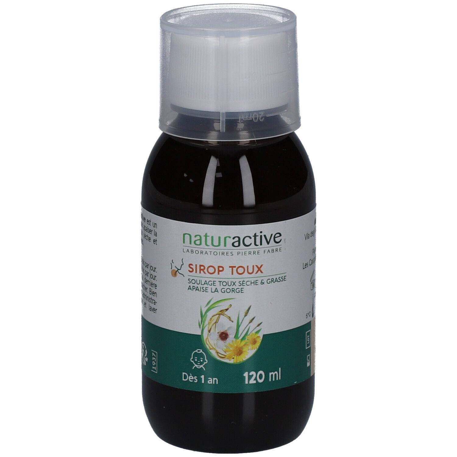 Flacon de sirop brun avec bouchon blanc. Étiquette avec nom du produit et informations. 120 ml.