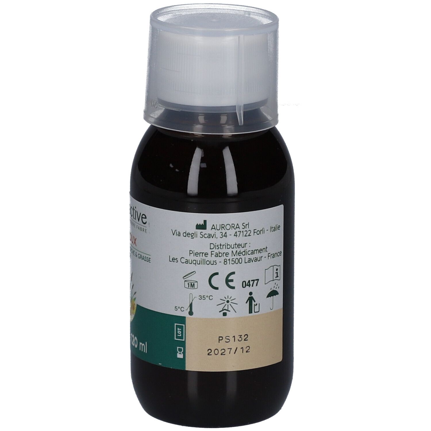 Flacon de liquide brun. Étiquette avec informations et marquage CE. Dispositif médical.