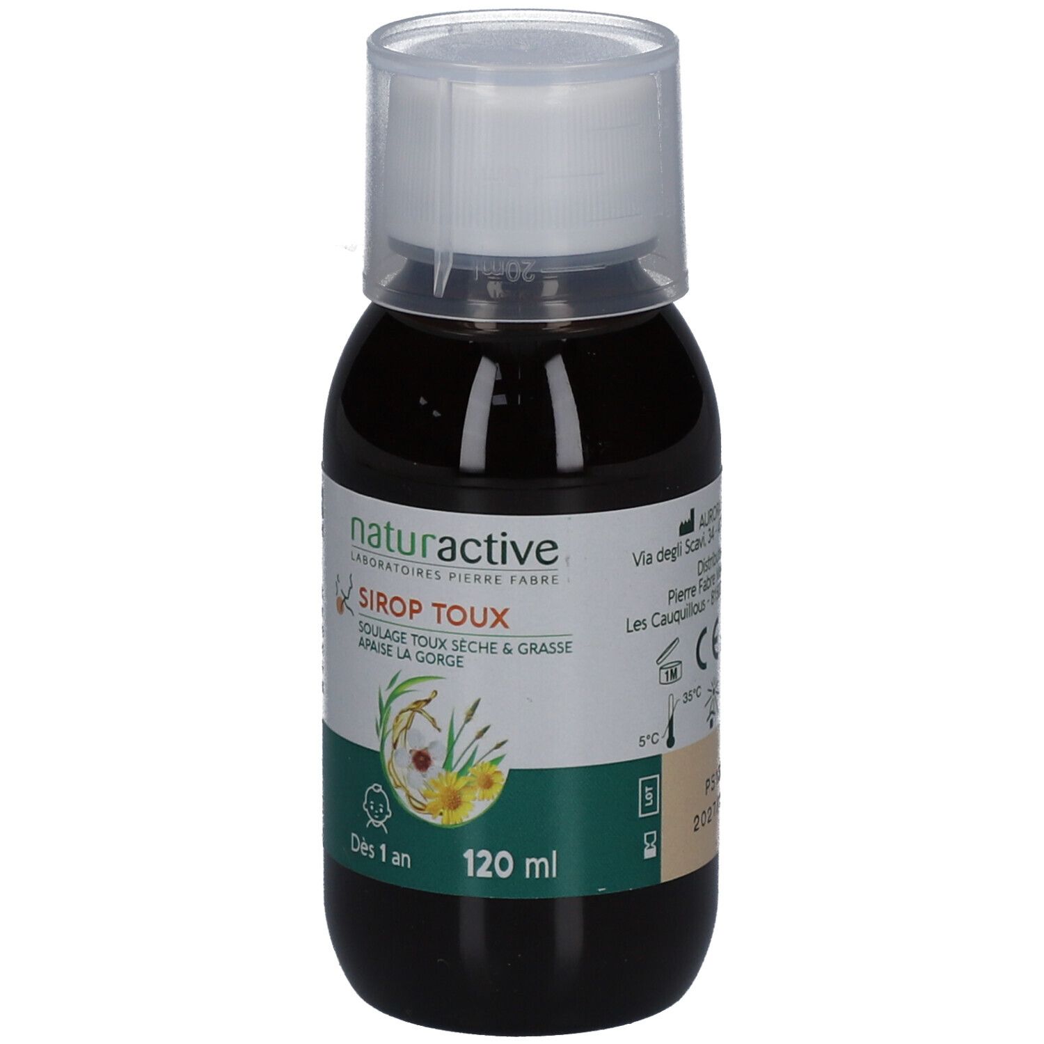 Flacon de sirop brun avec bouchon blanc. Étiquette avec nom du produit et informations. 120 ml.
