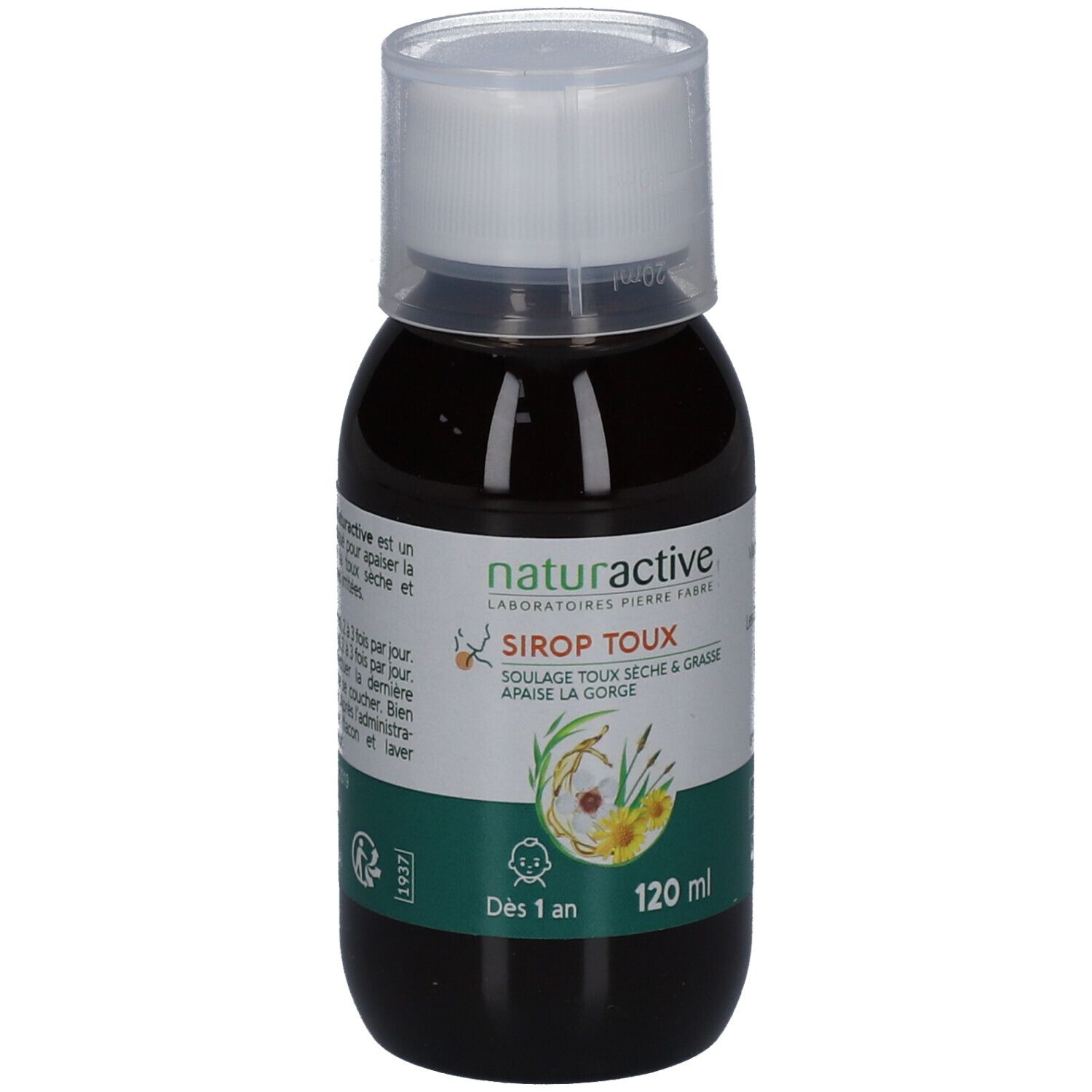 Flacon de sirop brun avec bouchon blanc. Étiquette avec nom du produit et informations. 120 ml.
