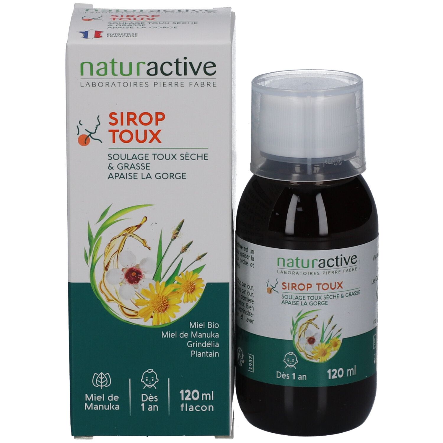Flacon et boîte du produit. Sur la boîte: nom du produit, ingrédients et 120 ml. Logo miel.