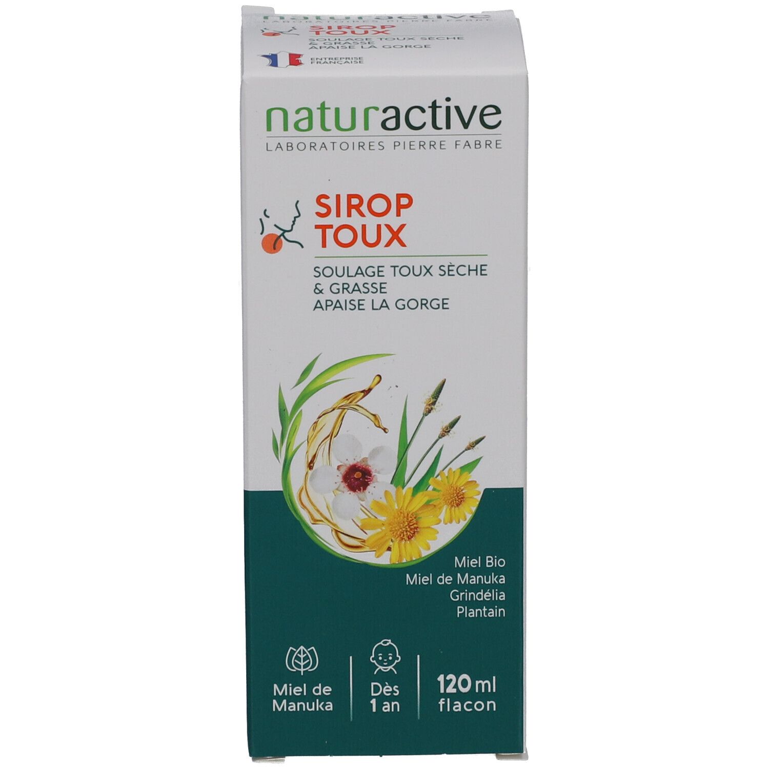 Emballage du produit. Sur la boîte: nom du produit, ingrédients et 120 ml. Logo miel.