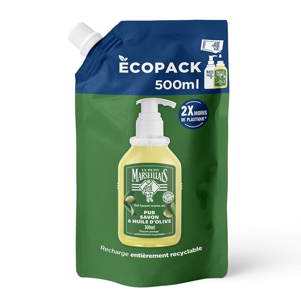 Navulverpakking handwasgel. Blauwe en groene verpakking met productafbeelding en tekst: "Pur Savon & Huile d'Olive".