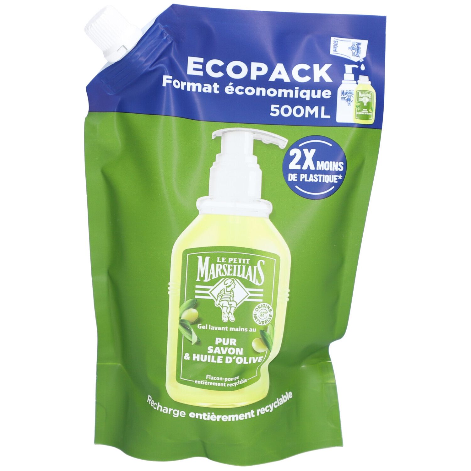 Navulling handwasgel. Tekst: "Format économique 500ml" en "2X moins de plastique".