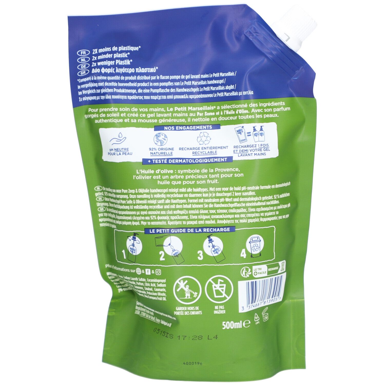 Achterkant van de navulling. Tekst en pictogrammen over ingrediënten, recycling en gebruik.