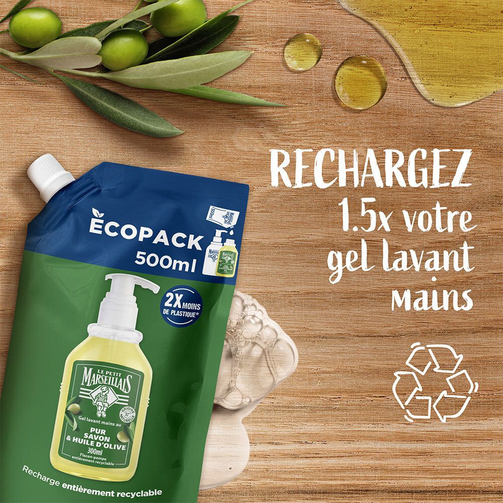 Navulling en olijven. Tekst: "RECHARGEZ 1.5x votre gel lavant mains". Recycling symbool.