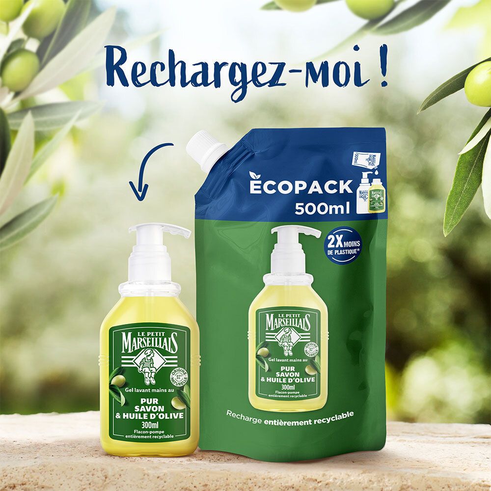 Navulling en fles handwasgel. Tekst: "Rechargez-moi!".