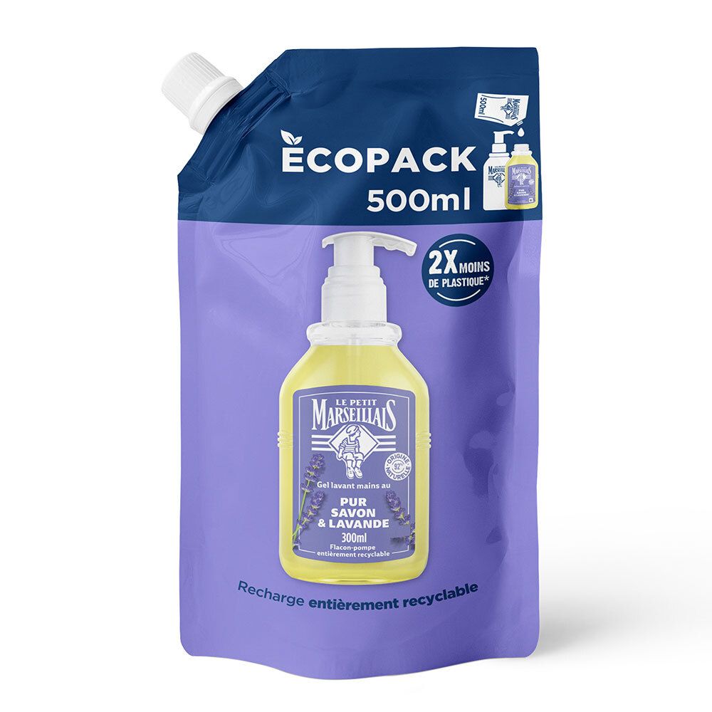 Recharge de gel lavant mains à la lavande. Sachet violet avec bec verseur et pompe. 500ml.
