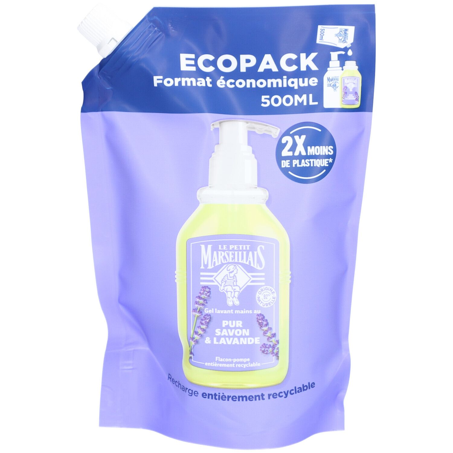 Recharge de gel lavant mains. Texte: Format économique 500ml, 2X moins de plastique.