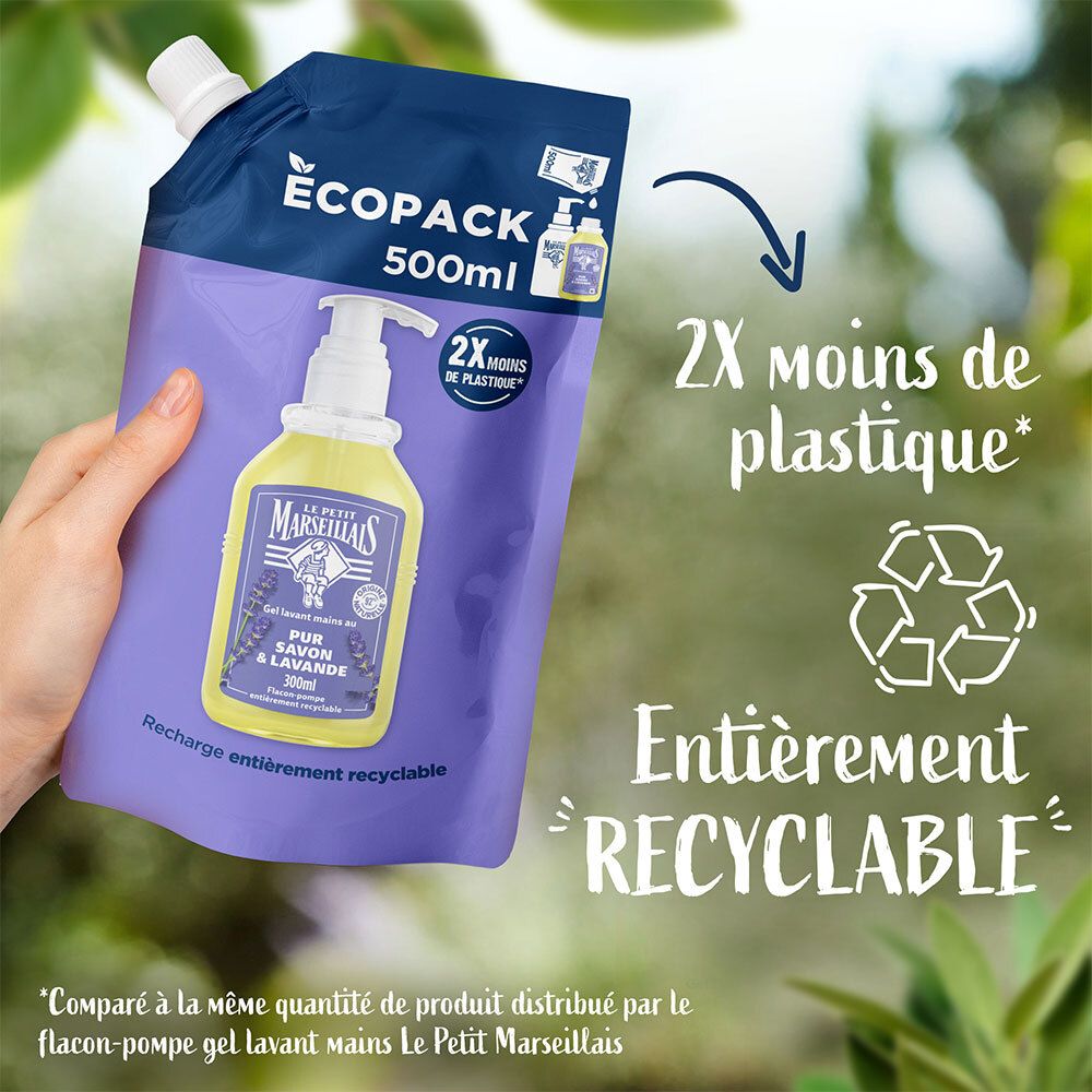 Main tenant une recharge de gel lavant mains. Texte: 2X moins de plastique, Entièrement RECYCLABLE.