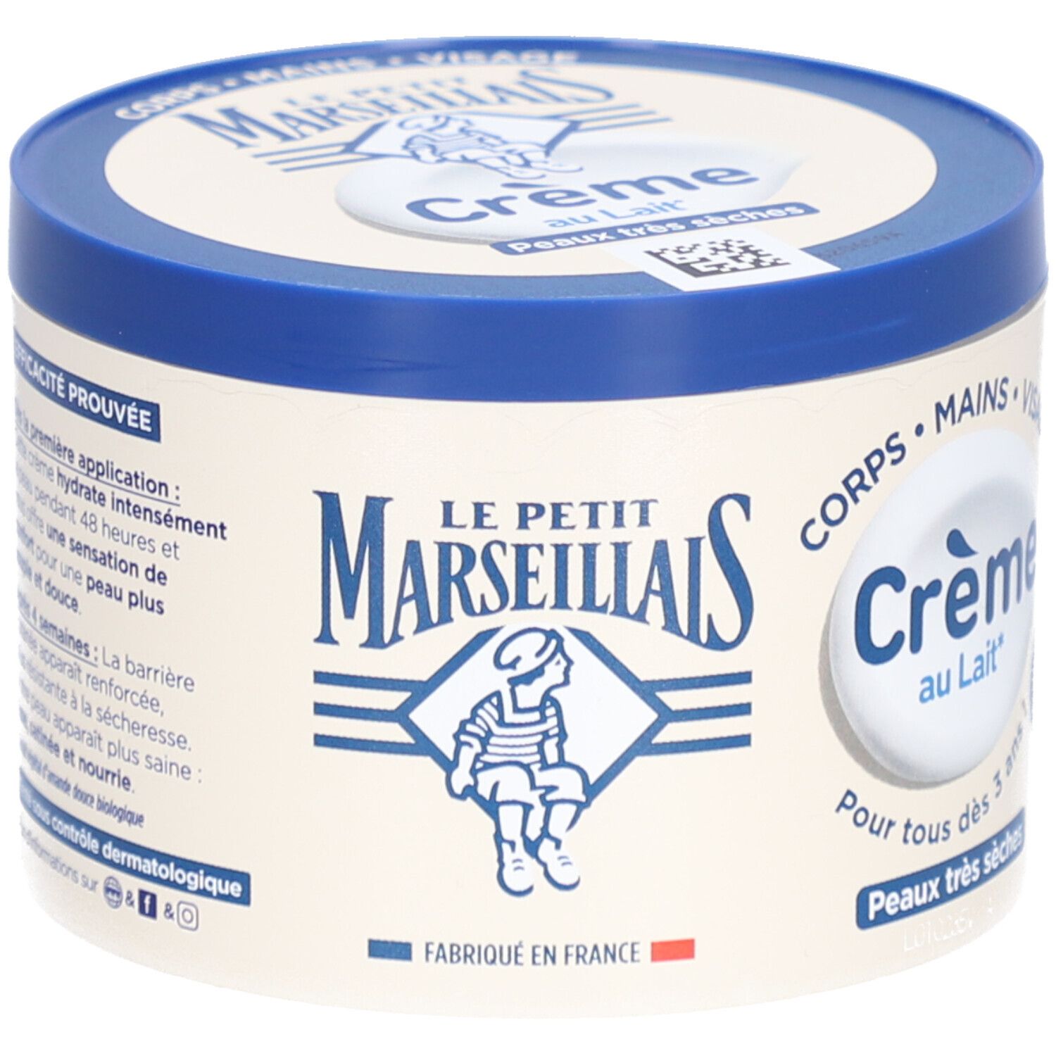 Pot de crème avec couvercle bleu. Inscription: Crème au Lait, Peaux très sèches. Marque: LE PETIT MARSEILLAIS. Fabriqué en France.