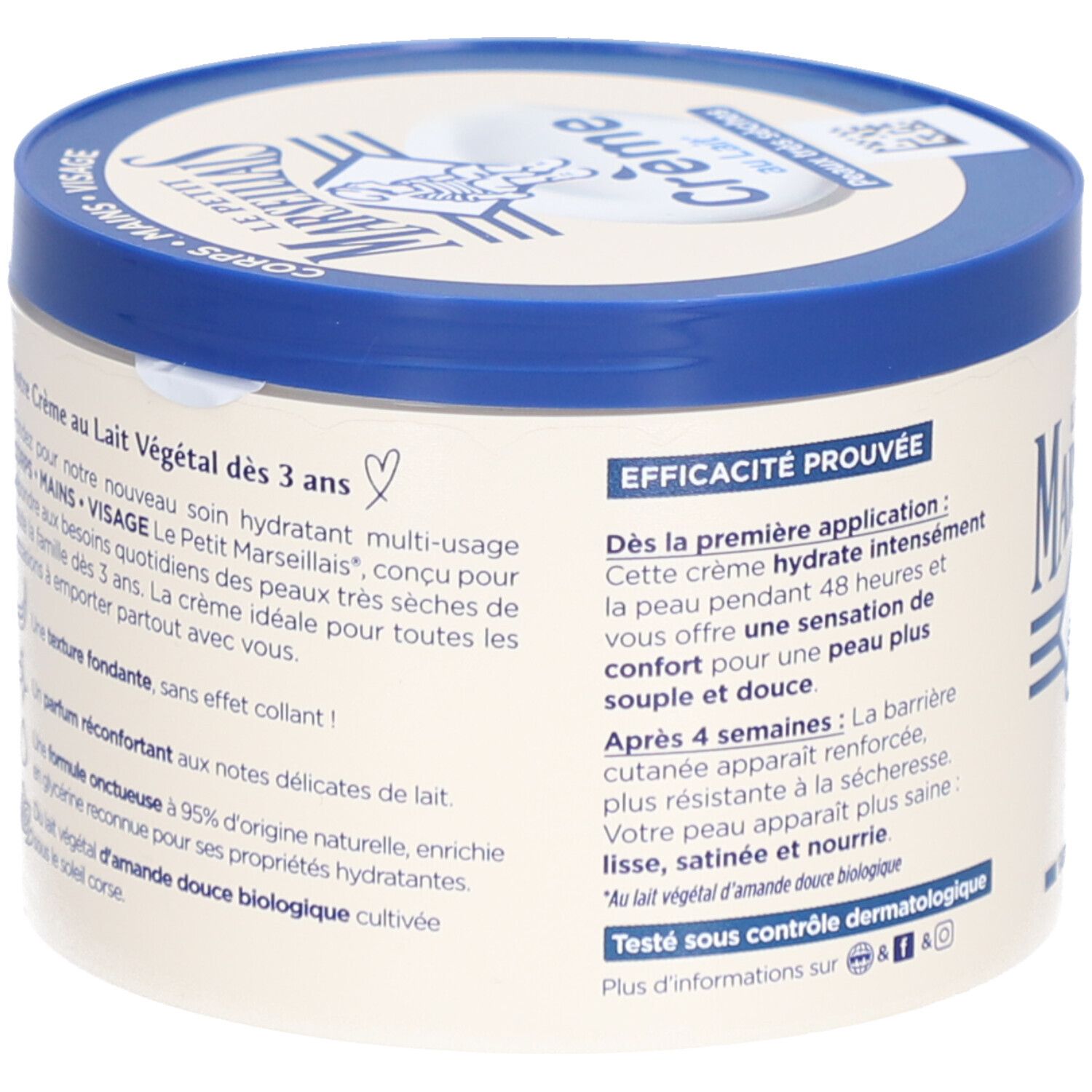 Pot de crème avec couvercle bleu. Texte: Crème au Lait, Peaux très sèches. Ingrédients et texte sur la crème. Marque: LE PETIT MARSEILLAIS.