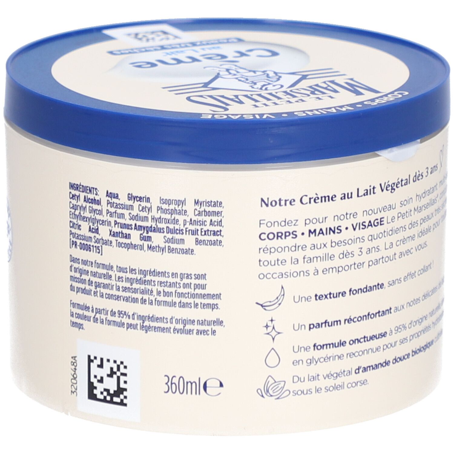 Pot de crème avec couvercle bleu. Texte: Crème au Lait, Peaux très sèches. Ingrédients et texte sur la crème. 360ml.