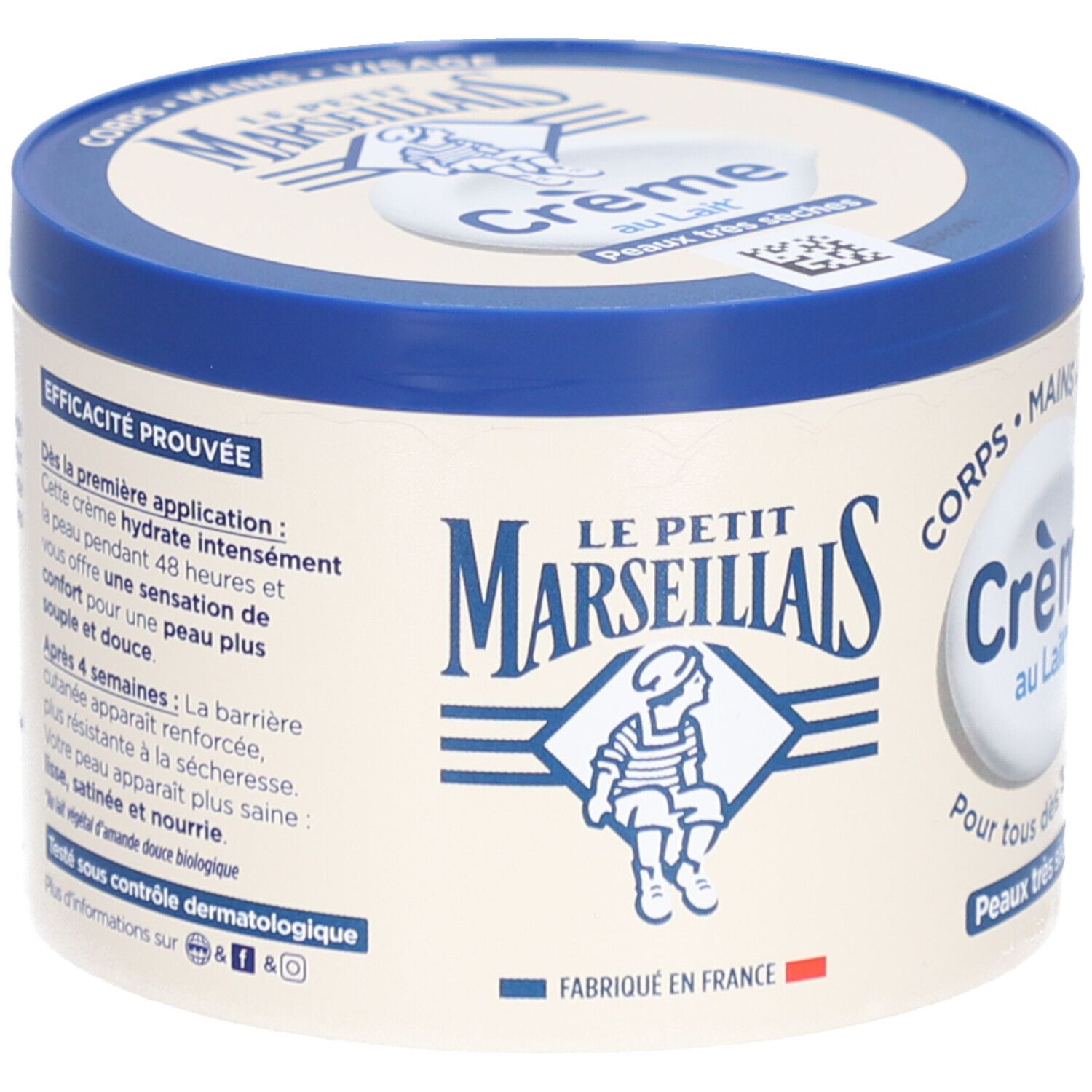 Pot de crème avec couvercle bleu. Inscription: Crème au Lait, Peaux très sèches. Marque: LE PETIT MARSEILLAIS. Fabriqué en France.