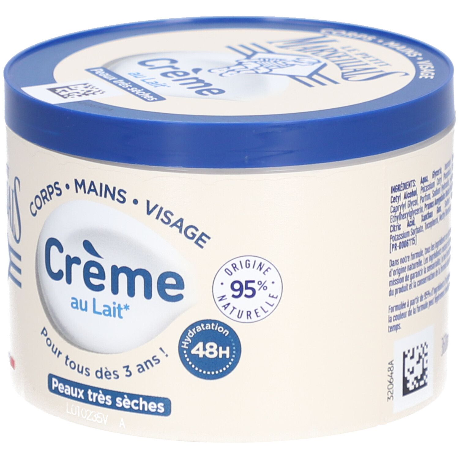 Pot de crème avec couvercle bleu. Inscription: Crème au Lait, Peaux très sèches. 95% ingrédients naturels. Hydratation 48h.