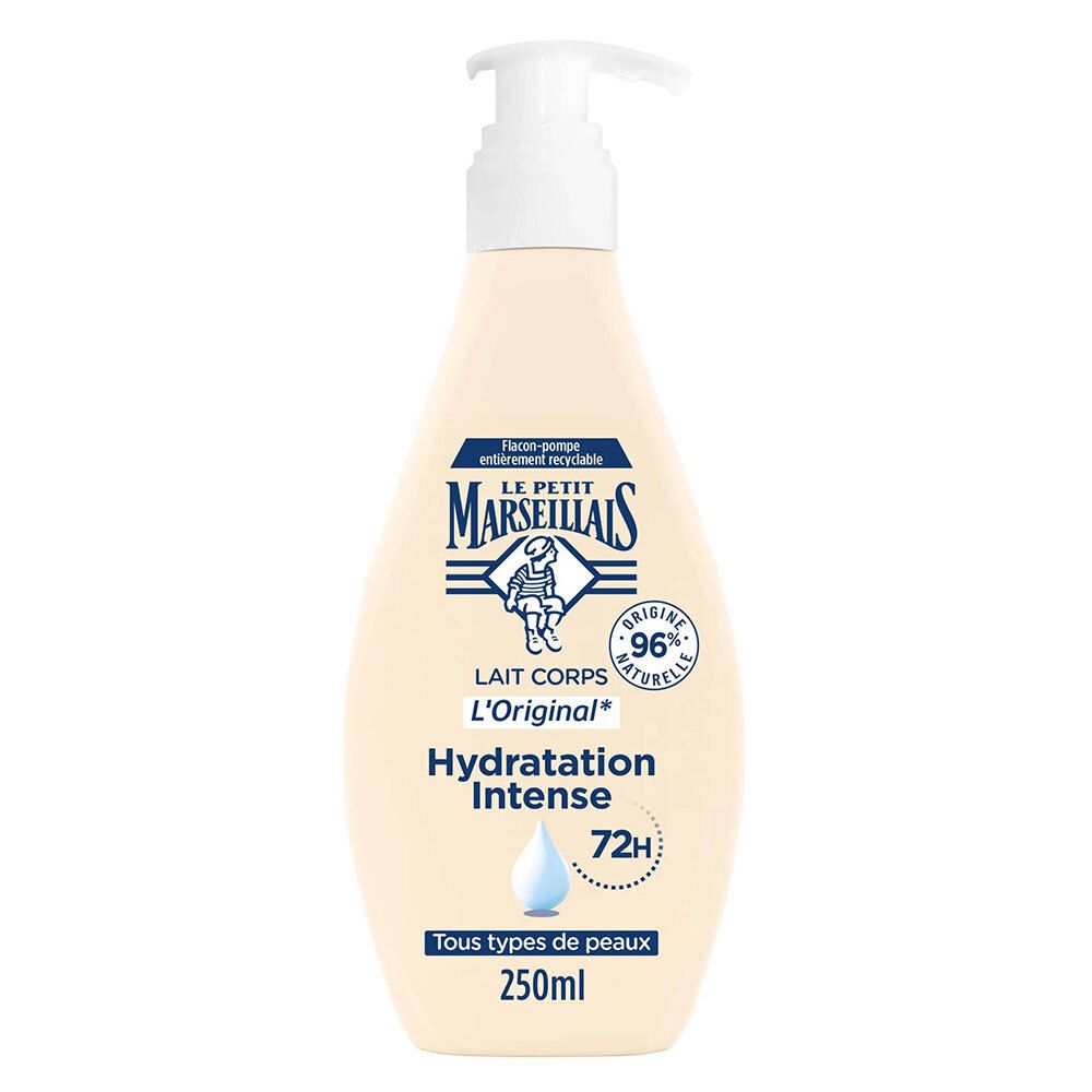 Flacon beige avec pompe. Inscription : Lait Corps L'Original, Hydratation Intense, 72H. 250ml. Pour tous types de peaux.