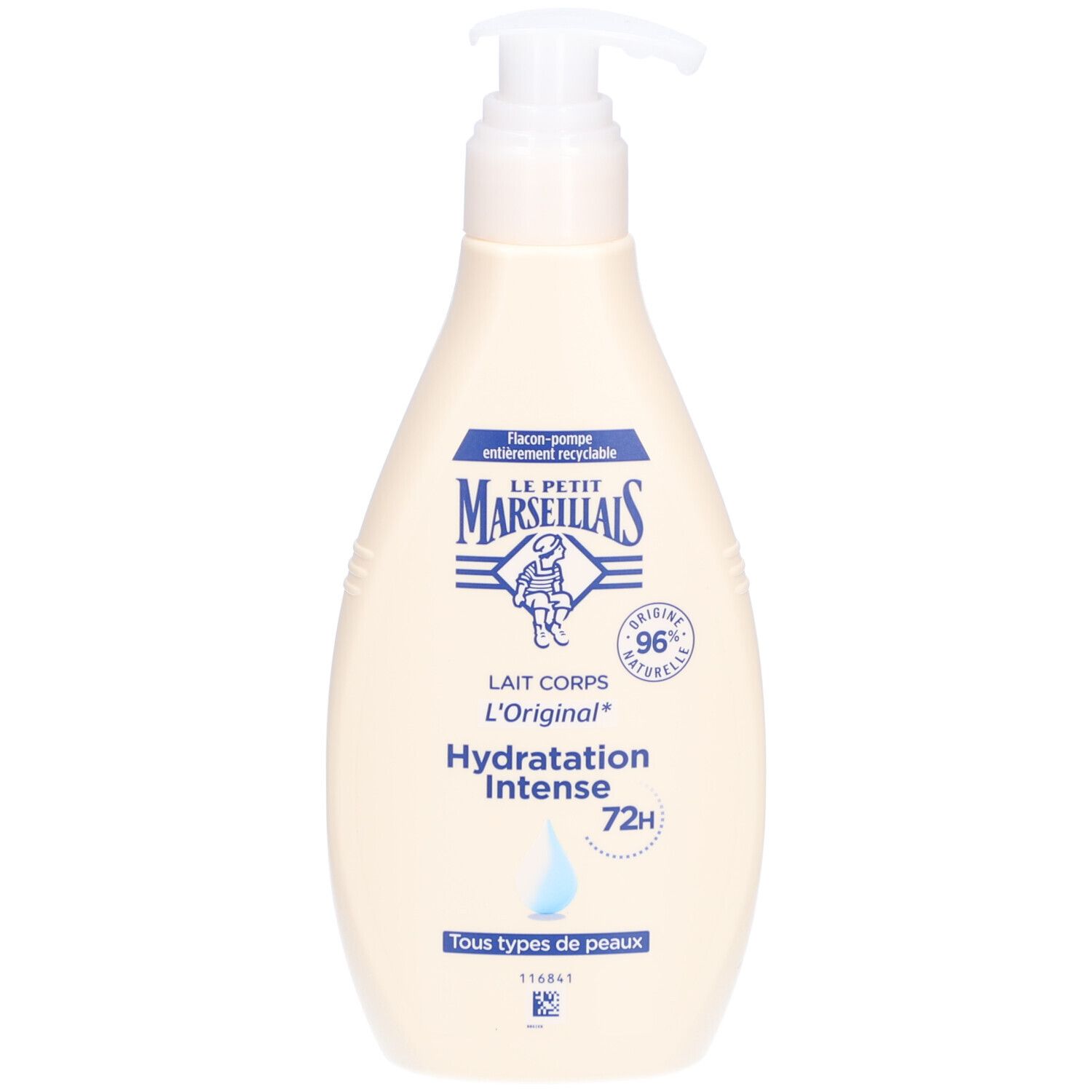 Flacon beige avec pompe. Inscription : Lait Corps L'Original, Hydratation Intense, 72H. 250ml. Pour tous types de peaux.