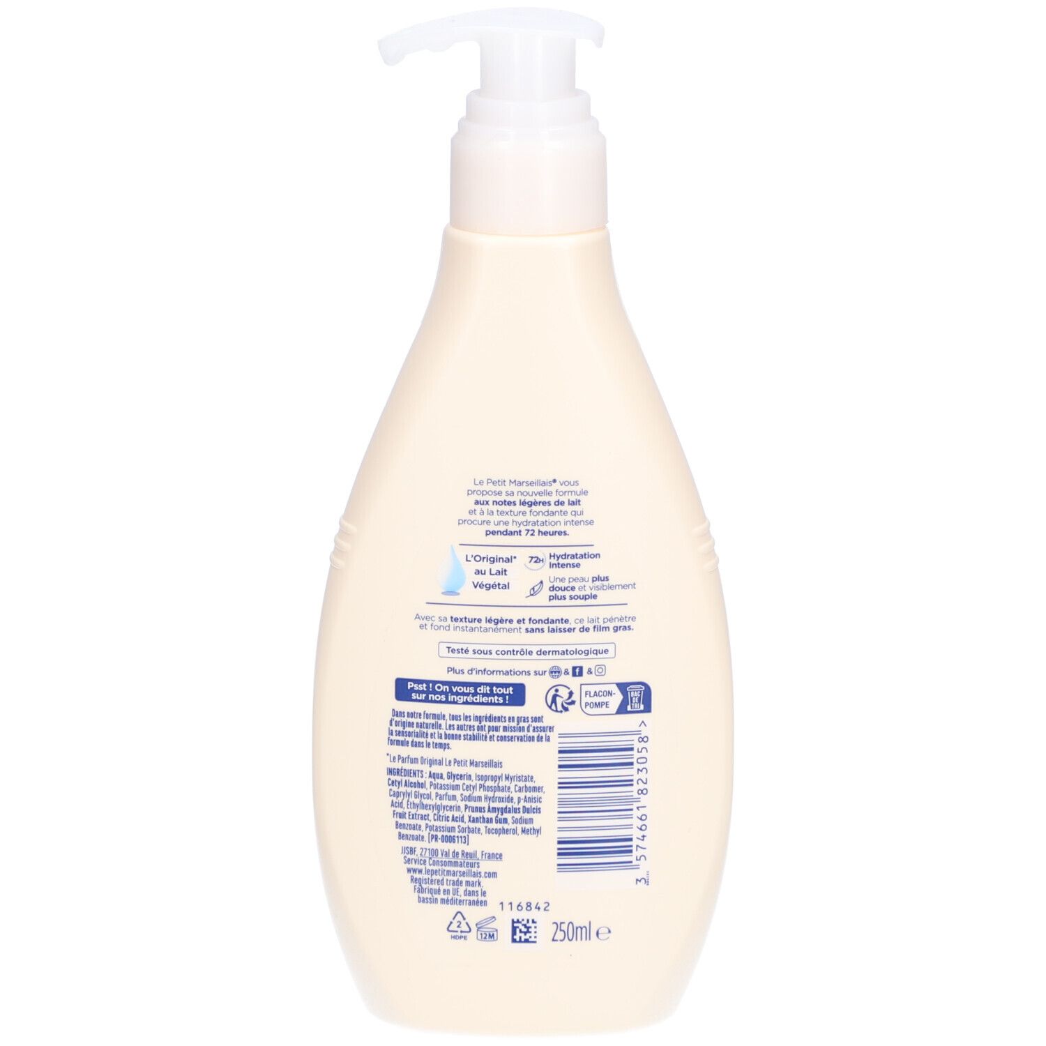 Dos du flacon. Inscription : Lait Corps L'Original, Hydratation Intense, 72H. 250ml. Ingrédients.