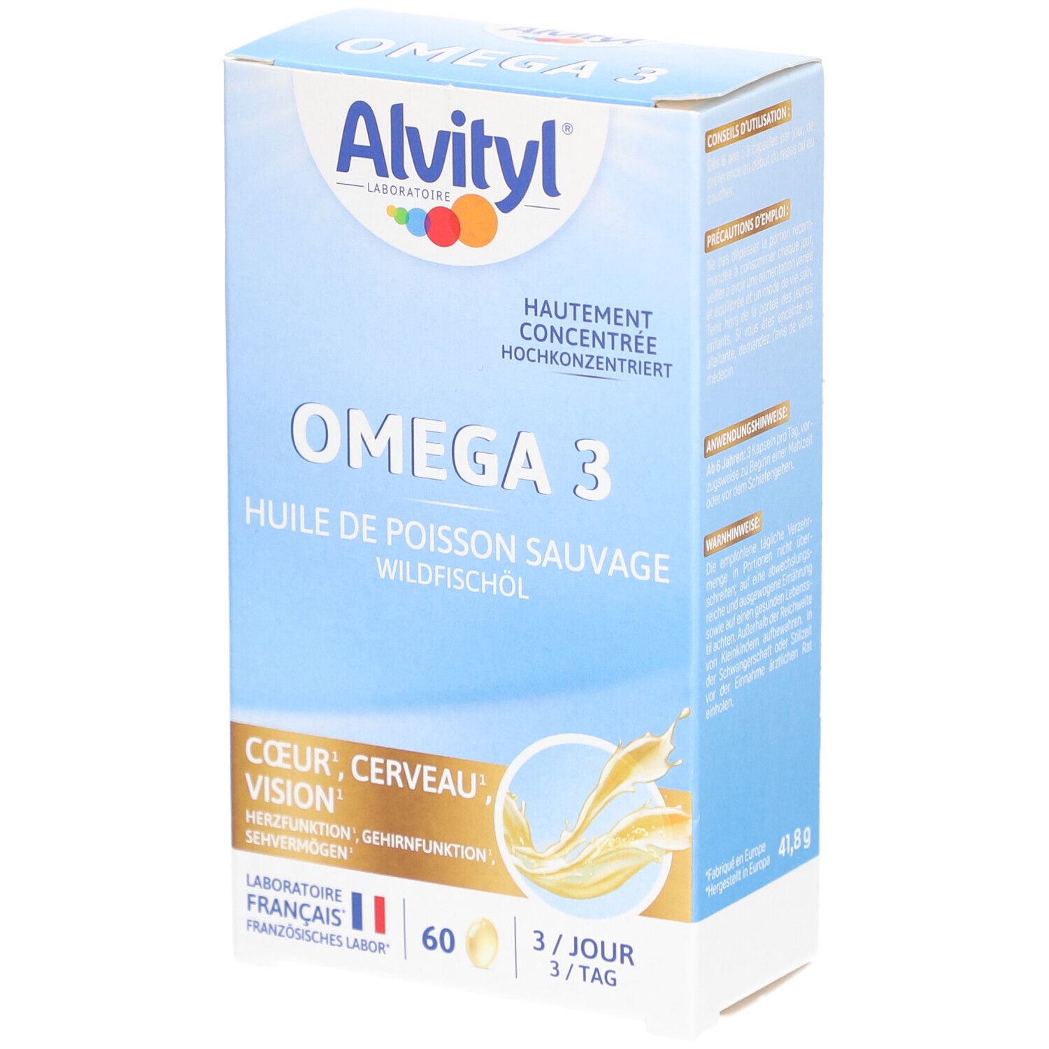 Boîte ALVITYL Omega 3, huile de poisson sauvage. Contient 60 gélules. Laboratoire français. Pour cœur, cerveau et vision.