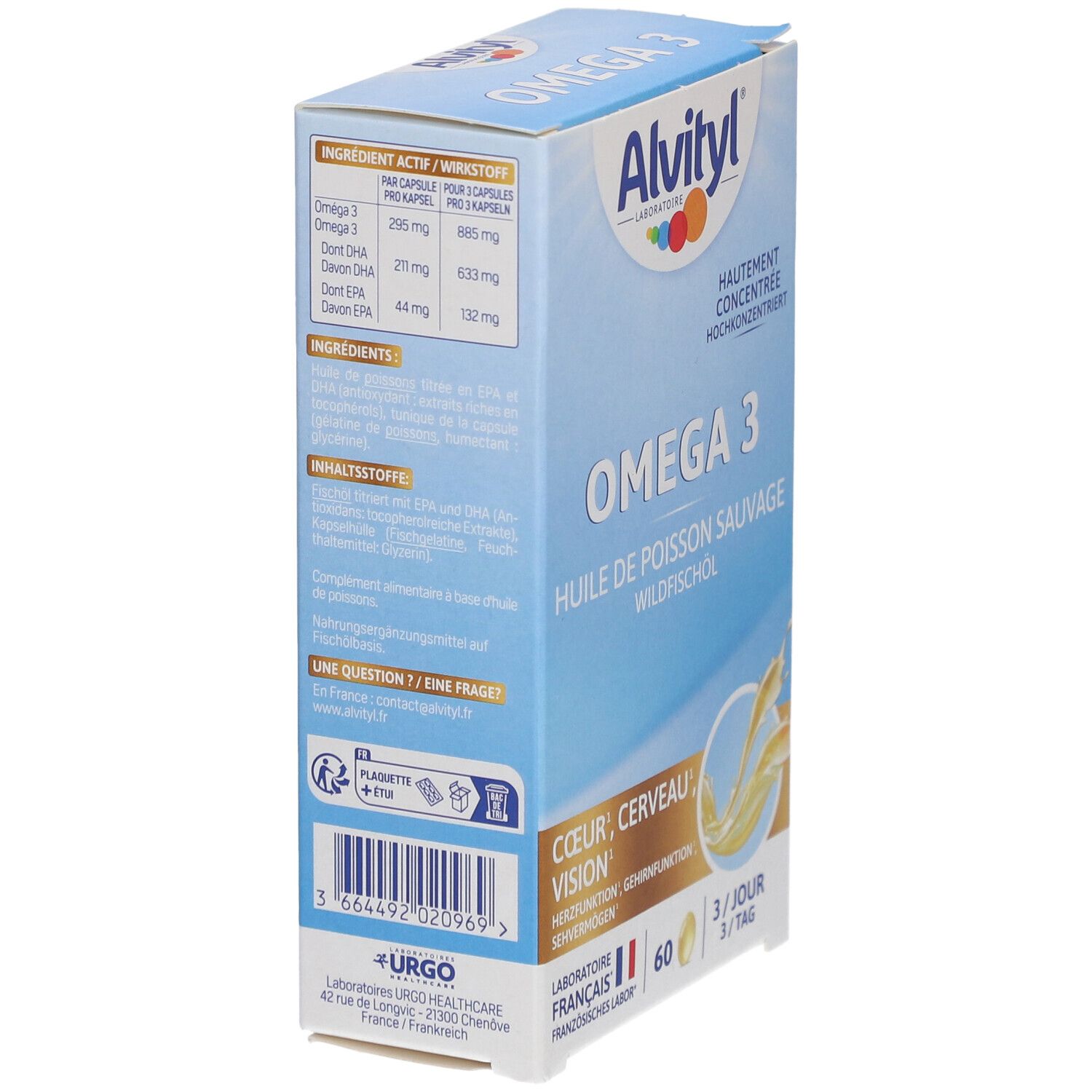 Dos de la boîte ALVITYL Omega 3. Contient ingrédients et informations. Laboratoire français. 60 gélules. 3/jour.